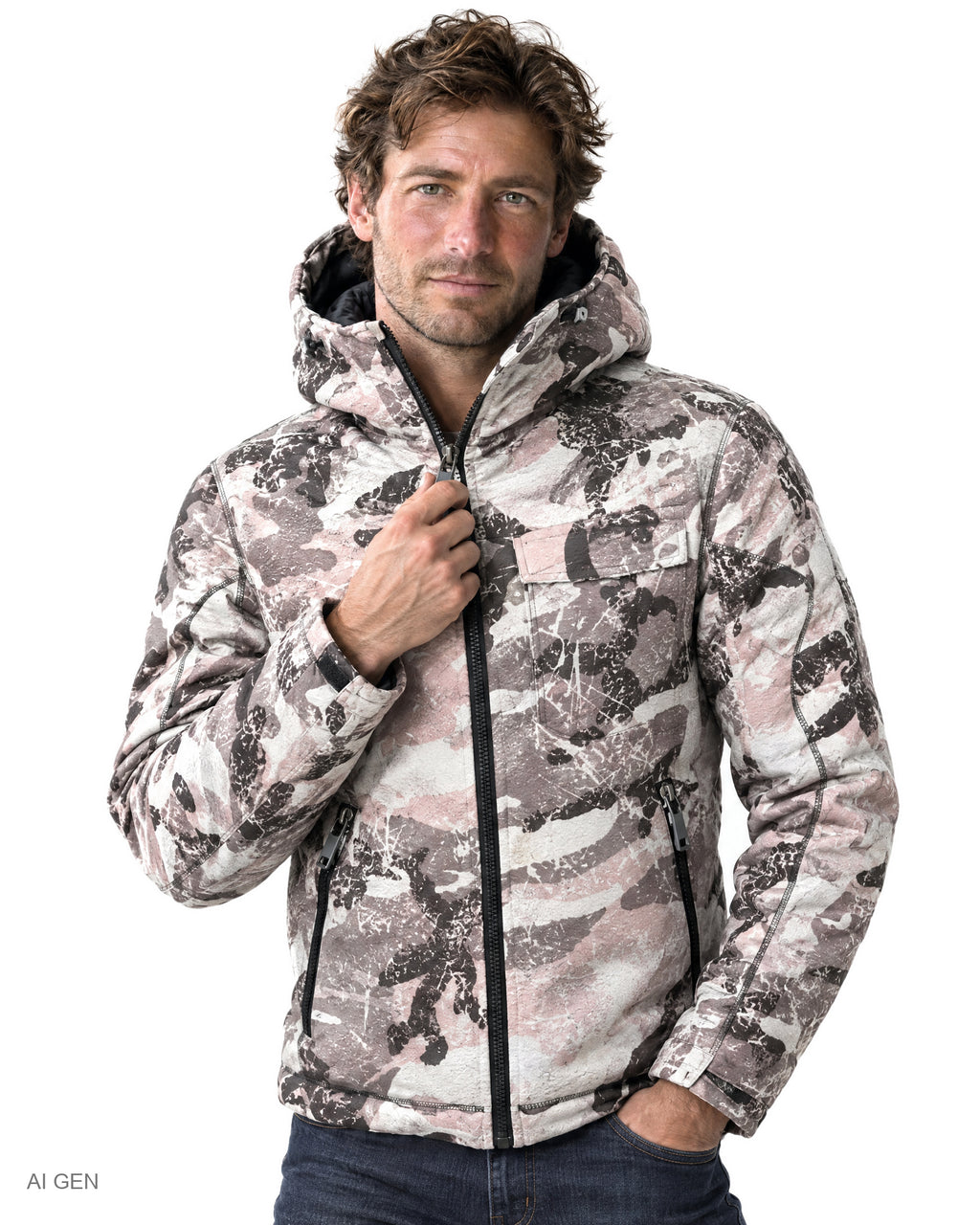 Giubbotto in Cotone – giubbotto imbottito camouflage rosa e grigio con cappuccio, indossato da un modello – dettaglio