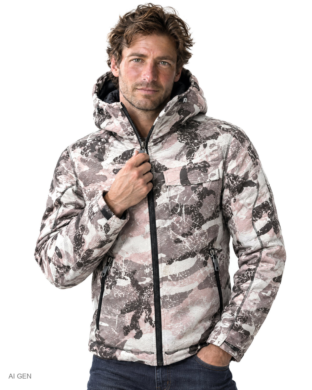 Giubbotto in Cotone – giubbotto imbottito camouflage rosa e grigio con cappuccio, indossato da un modello – dettaglio