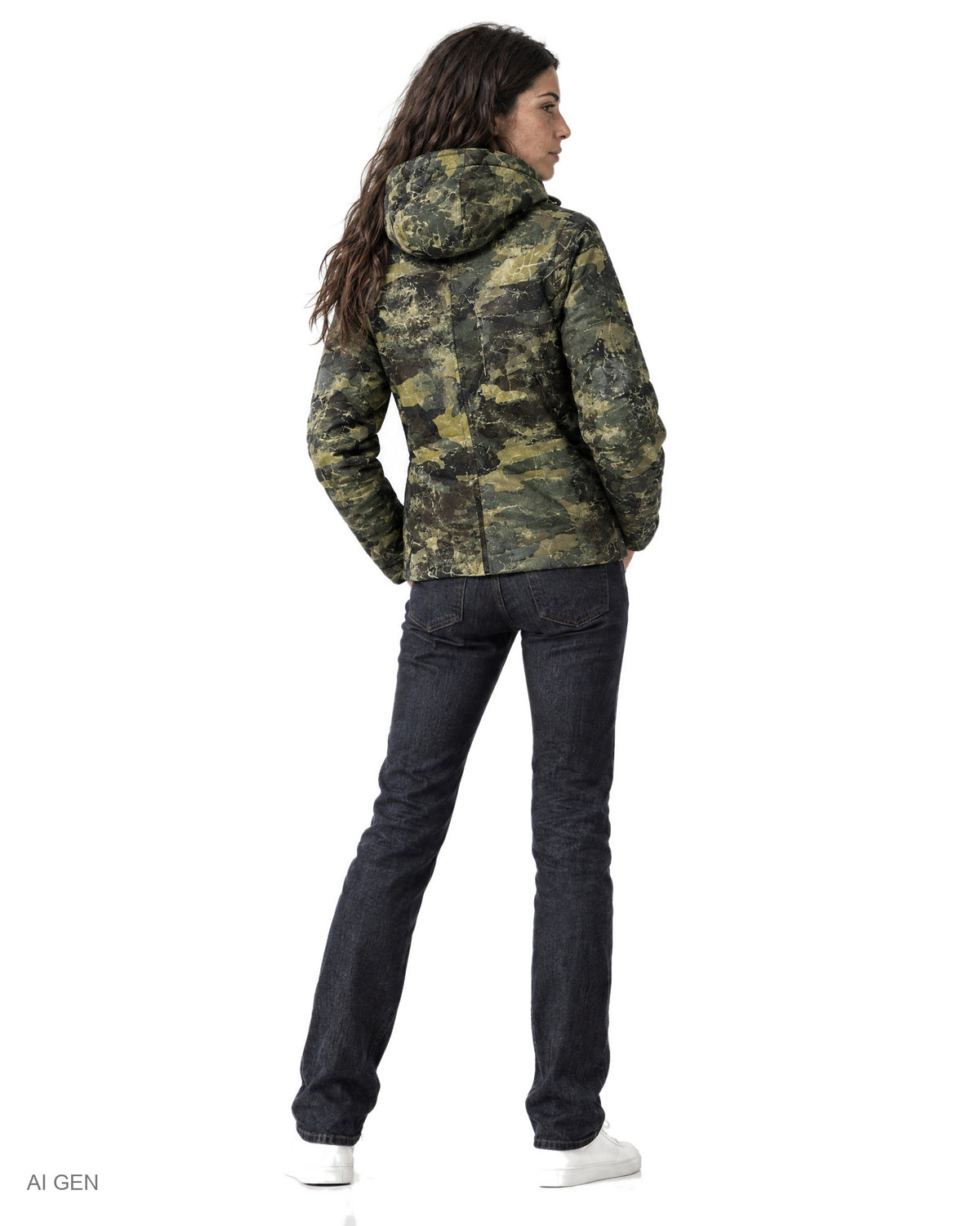 Giubbotto Mimetico – giubbotto imbottito camouflage verde con cappuccio, indossato da una modella – vista posteriore