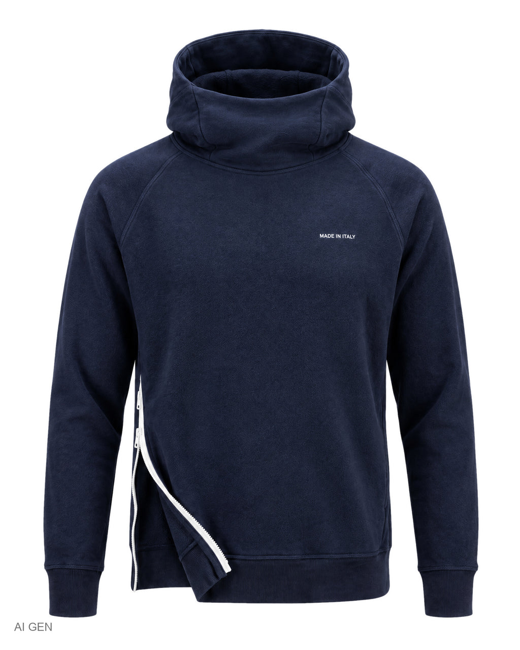 NINJA – felpa in pile blu navy con zip bianca a collo alto con cappuccio e zip laterale – foto prodotto, vista frontale