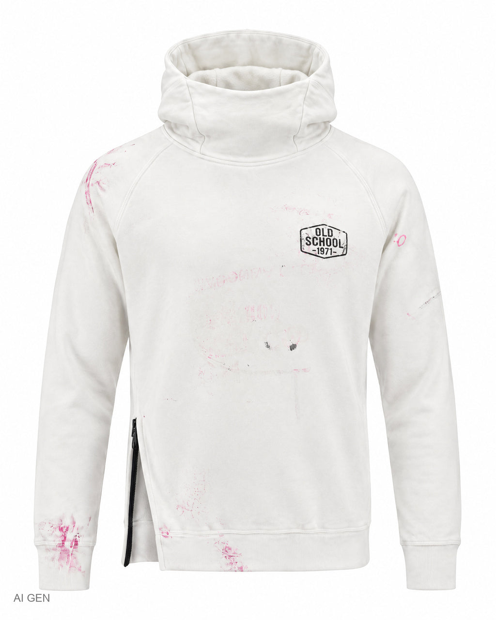 NINJA – felpa bianca con zip nera e macchie di colore rosa a collo alto con cappuccio e zip laterale – foto prodotto, vista frontale