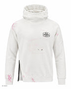 NINJA – felpa bianca con zip nera e macchie di colore rosa a collo alto con cappuccio e zip laterale – foto prodotto, vista frontale