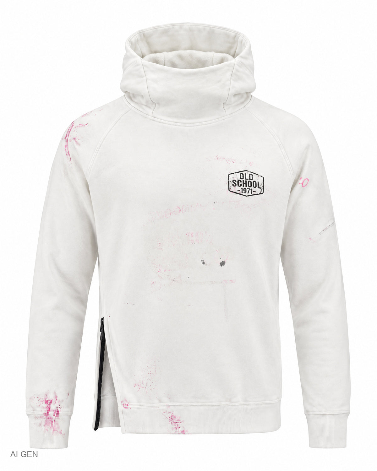 NINJA – felpa bianca con zip nera e macchie di colore rosa a collo alto con cappuccio e zip laterale – foto prodotto, vista frontale