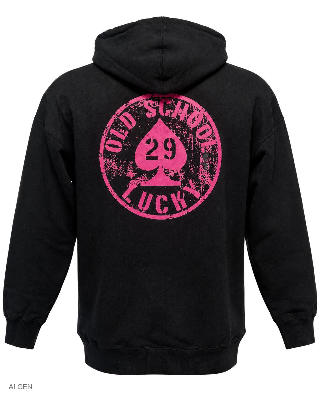 OLD SCHOOL LUCKY 29 – felpa nera con cappuccio e stampa porpora – foto prodotto, vista posteriore