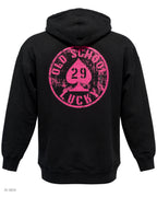 OLD SCHOOL LUCKY 29 – felpa nera con cappuccio e stampa porpora – foto prodotto, vista posteriore