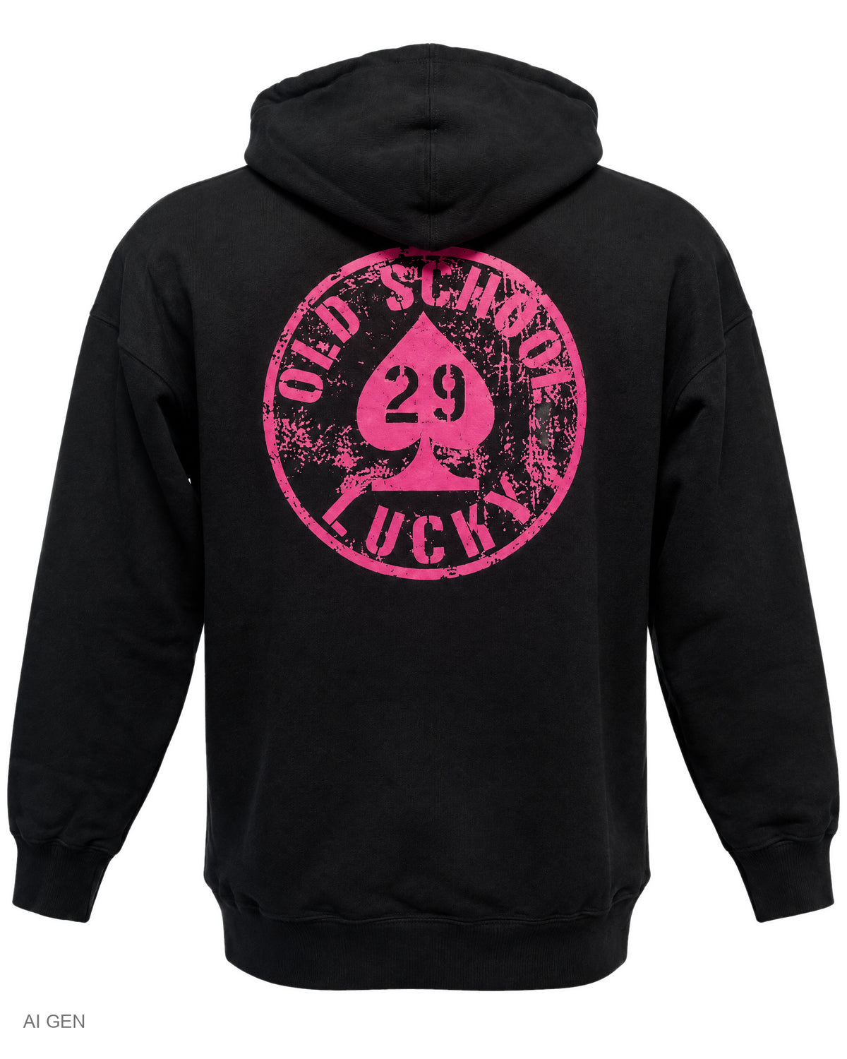 OLD SCHOOL LUCKY 29 – felpa nera con cappuccio e stampa porpora – foto prodotto, vista posteriore