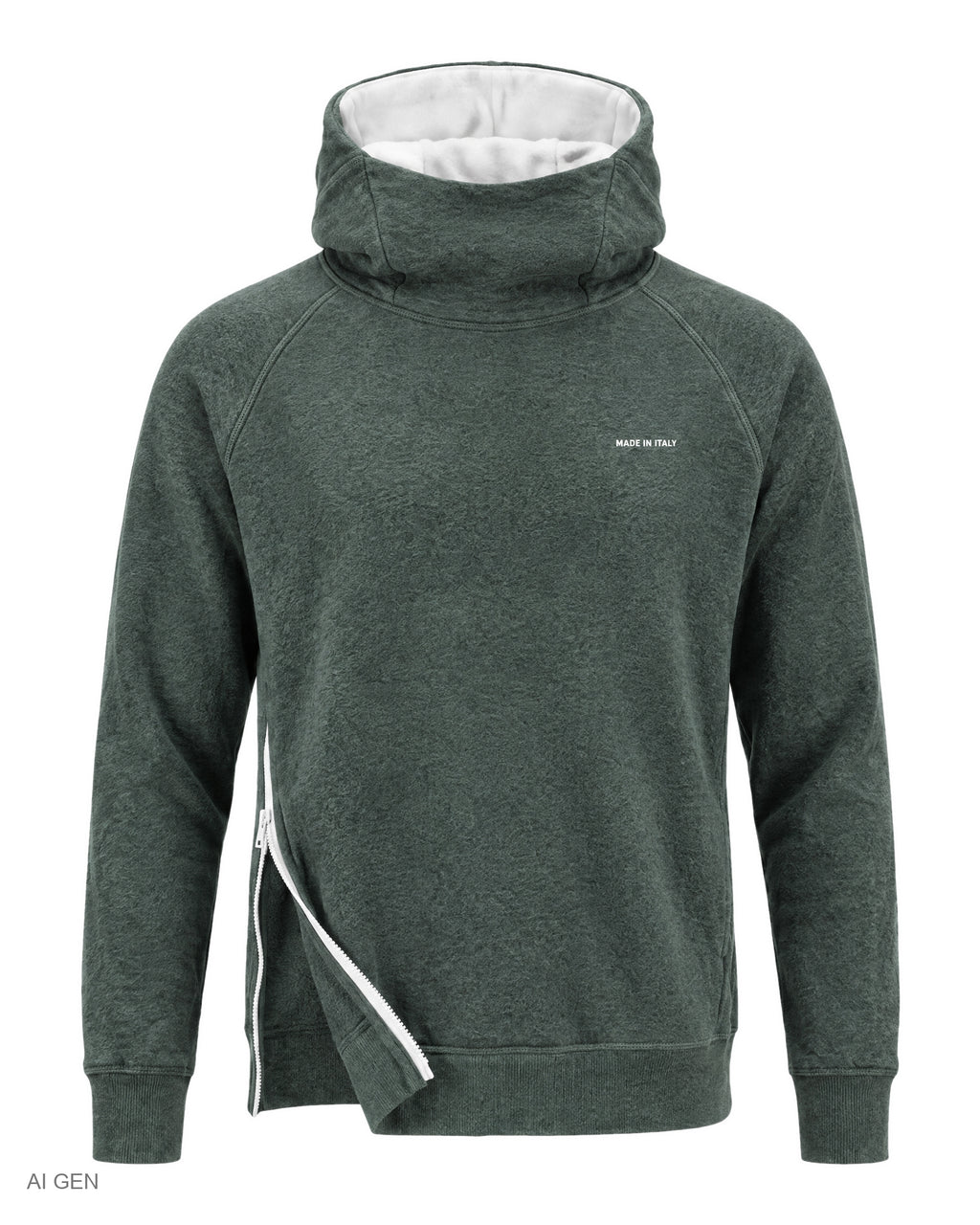 NINJA – felpa in pile verde oliva con dettagli bianchi a collo alto con cappuccio e zip laterale – foto prodotto, vista frontale