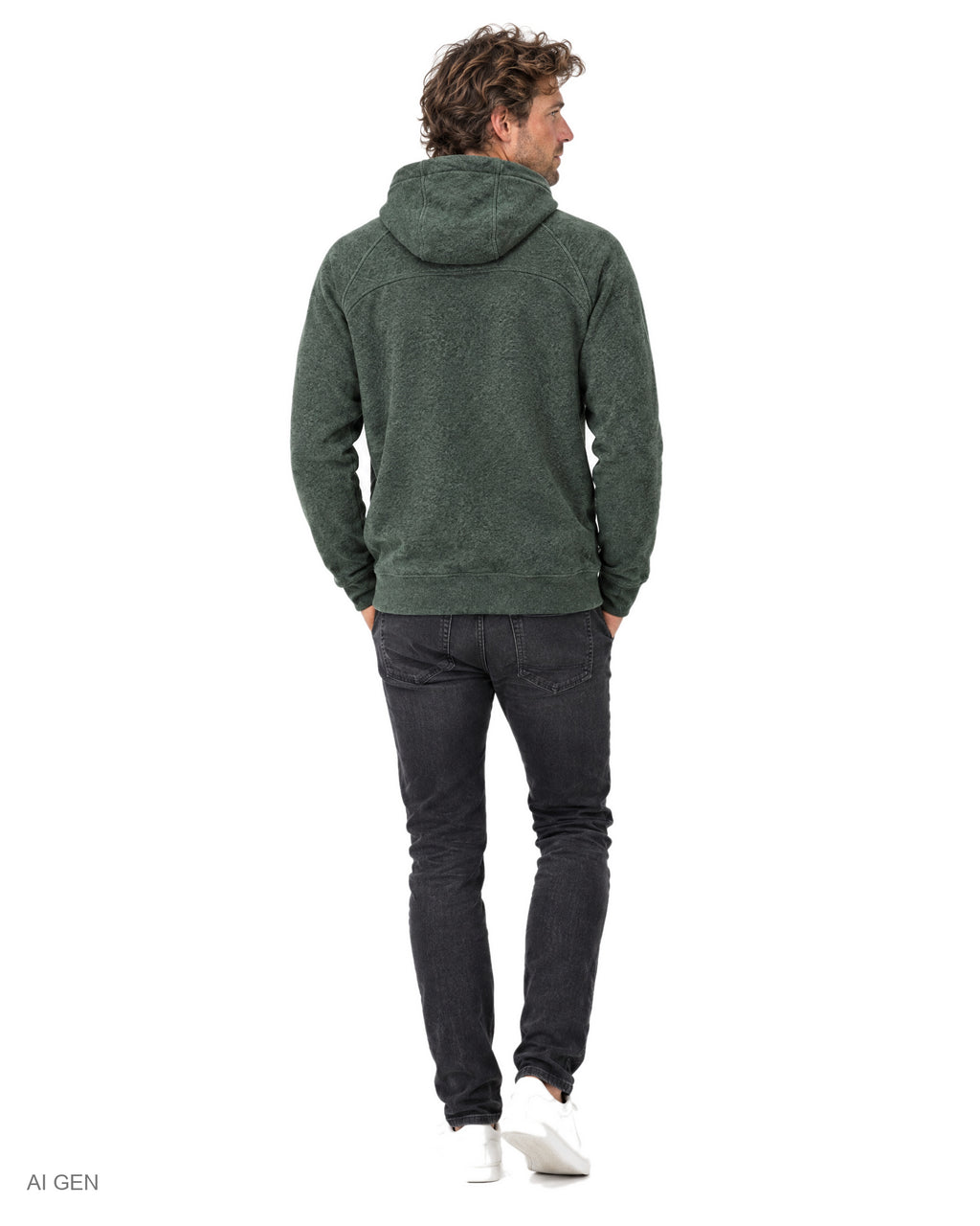 NINJA – felpa in pile verde oliva con dettagli bianchi a collo alto con cappuccio e zip laterale, indossata da un modello – vista posteriore