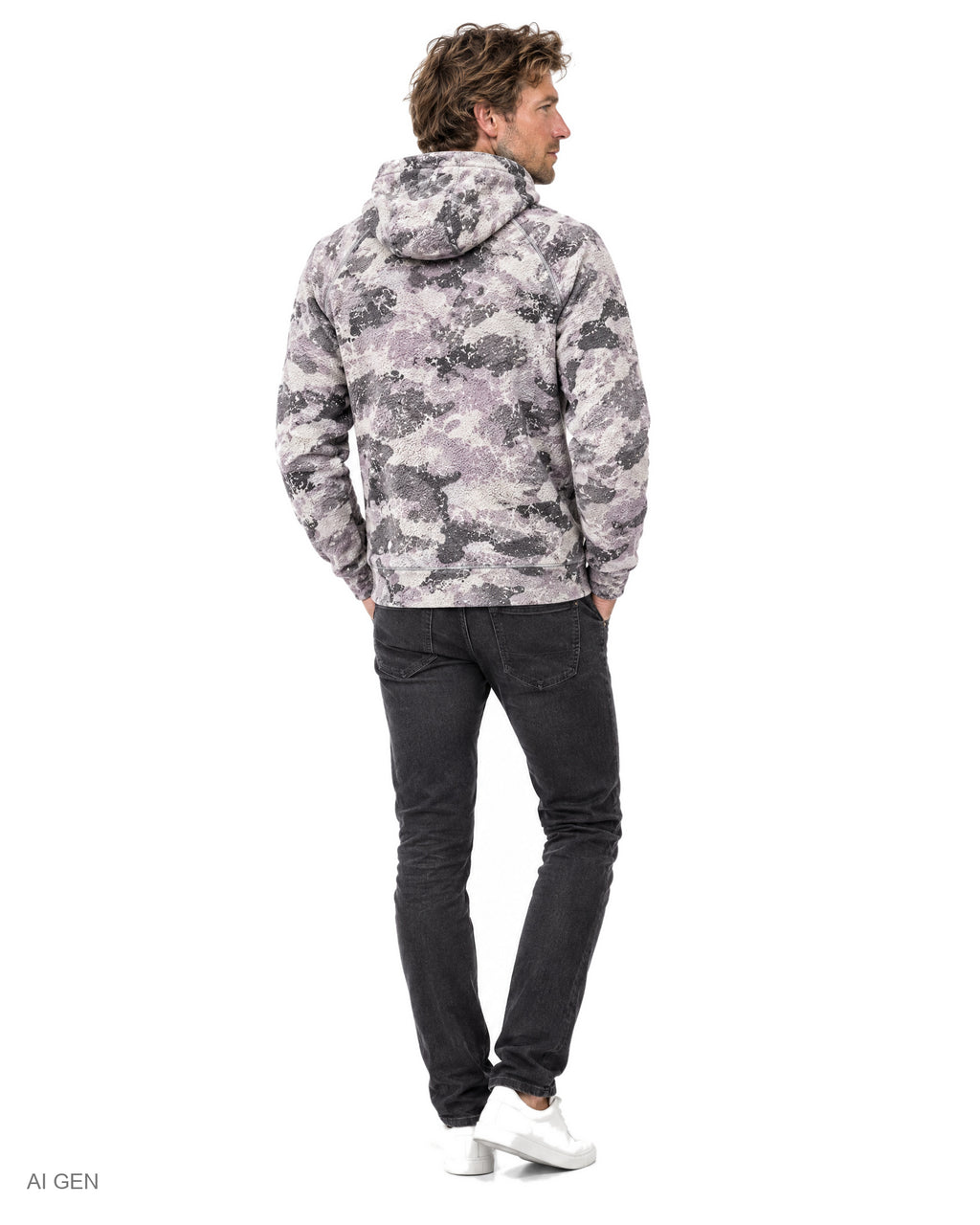 NINJA – felpa in pile camouflage grigio e lilla con zip arancione a collo alto con cappuccio e zip laterale, indossata da un modello – vista posteriore