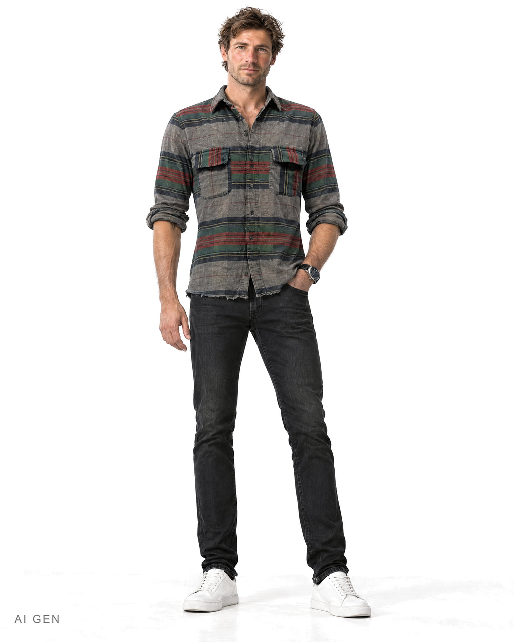 Camicia Uomo in Cotone di Flanella – camicia in flanella grigia a righe larghe verdi, ruggine e blu navy, indossata da un modello – vista frontale