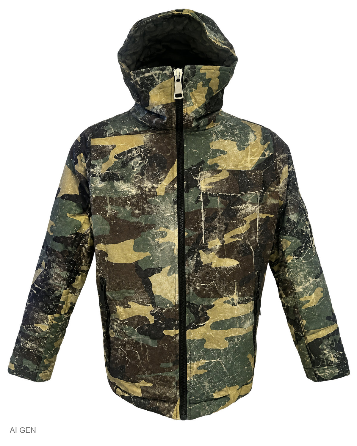 Giubbotto Mimetico – giubbotto imbottito camouflage verde con cappuccio – foto prodotto, vista frontale