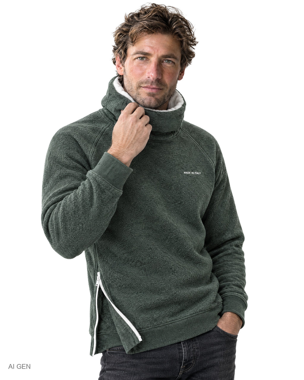 NINJA – felpa in pile verde oliva con dettagli bianchi a collo alto con cappuccio e zip laterale, indossata da un modello – dettaglio del collo