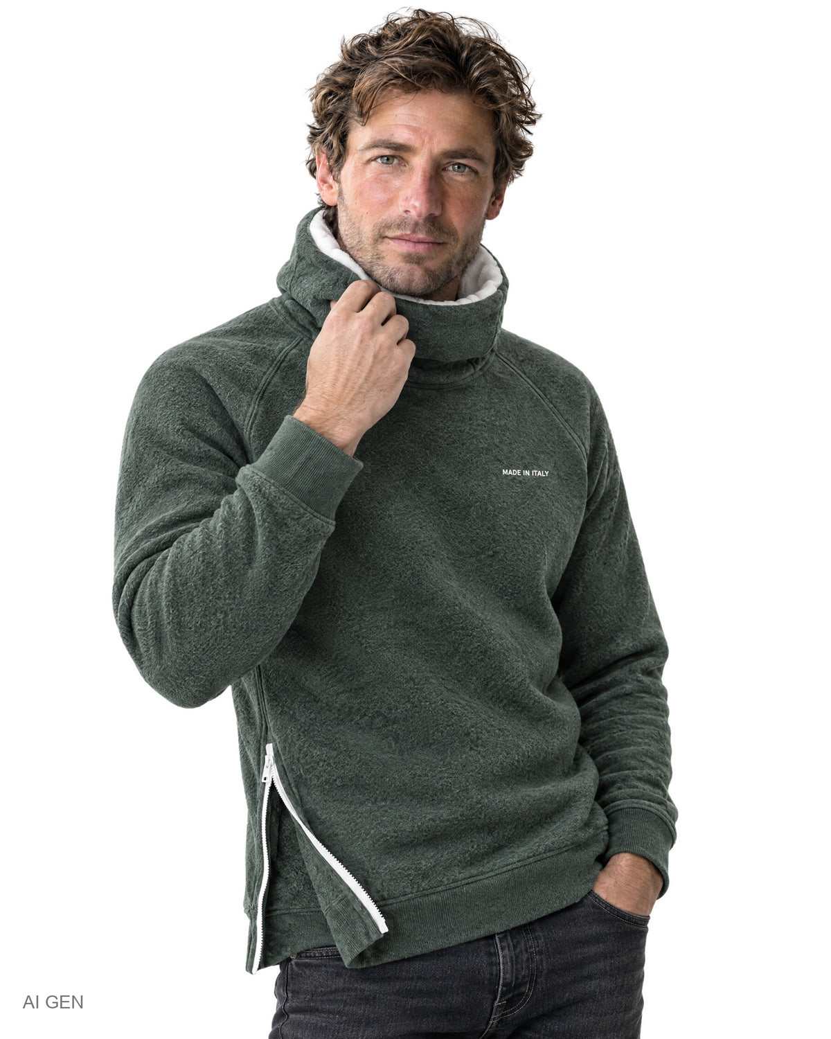 NINJA – felpa in pile verde oliva con dettagli bianchi a collo alto con cappuccio e zip laterale, indossata da un modello – dettaglio del collo