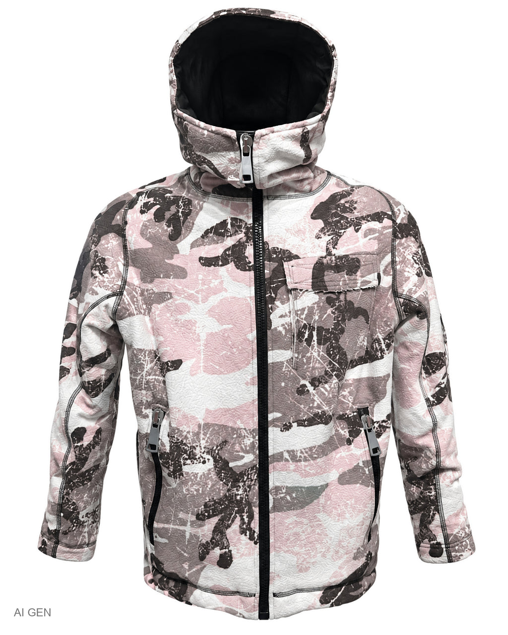 Giubbotto in Cotone – giubbotto imbottito camouflage rosa e grigio con cappuccio – foto prodotto, vista frontale