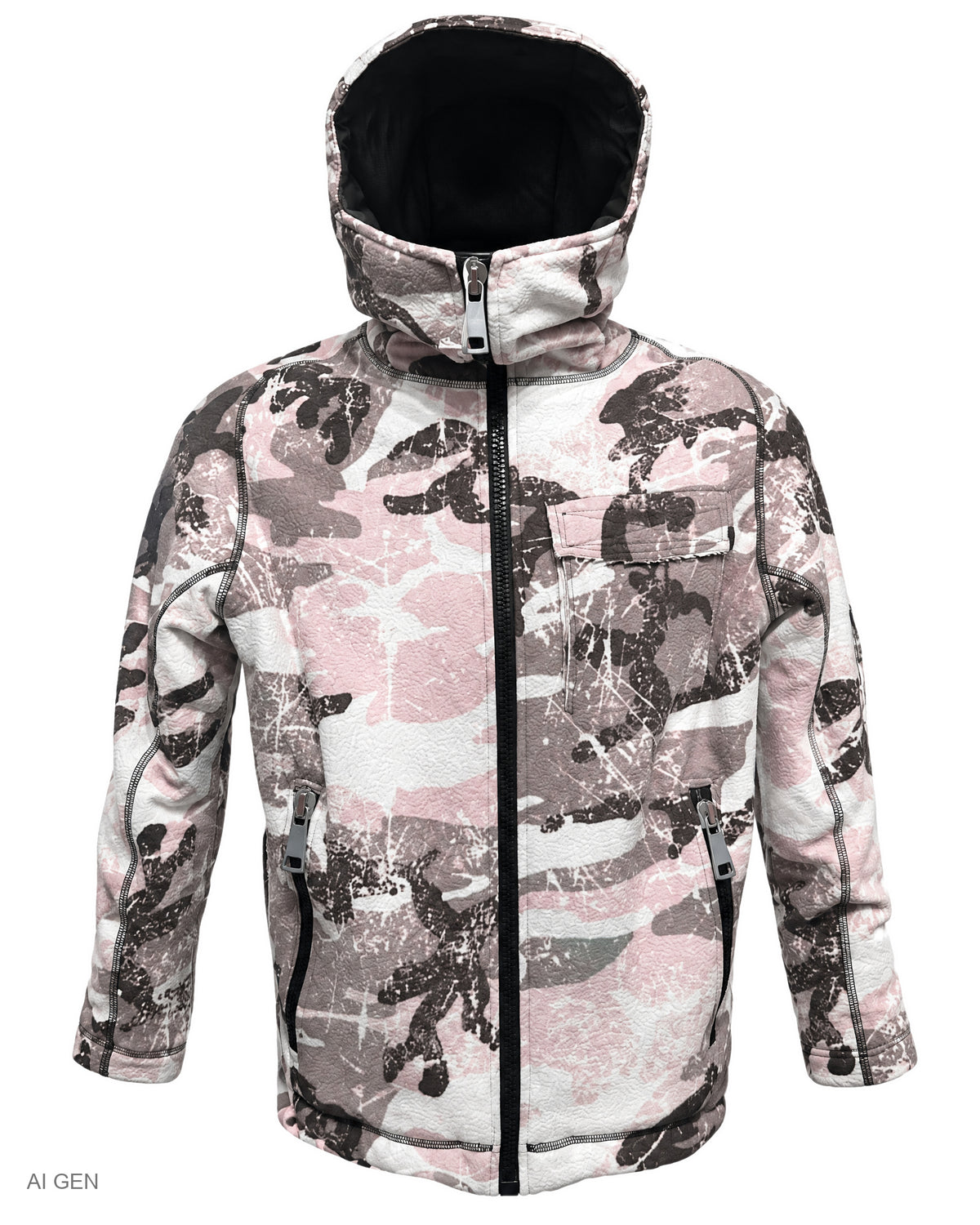 Giubbotto in Cotone – giubbotto imbottito camouflage rosa e grigio con cappuccio – foto prodotto, vista frontale
