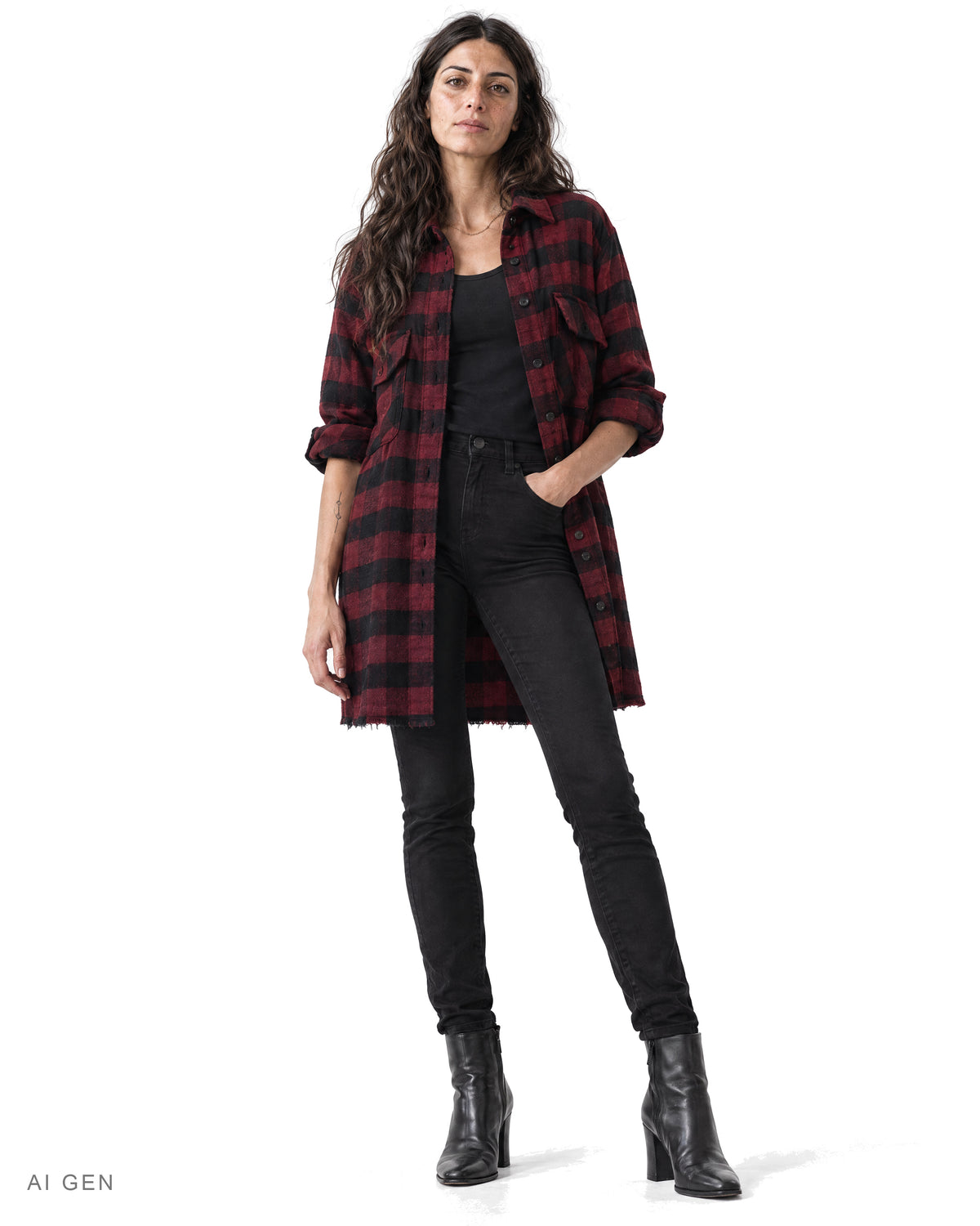 Camicione Donna in Flanella – camicione a grandi quadri bordeaux e neri, indossato da una modella – vista frontale