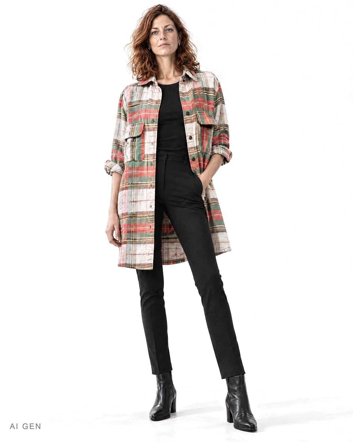 Camicione Donna in Flanella – camicione a quadri crema, corallo e verde salvia, indossato da una modella – vista frontale