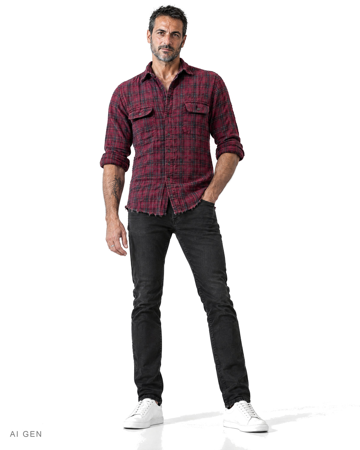Camicia Uomo in Cotone di Flanella – camicia in flanella a quadri bordeaux e blu navy, indossata da un modello – vista frontale