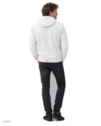 NINJA – felpa bianca con zip nera e macchie di colore rosa a collo alto con cappuccio e zip laterale, indossata da un modello – vista posteriore