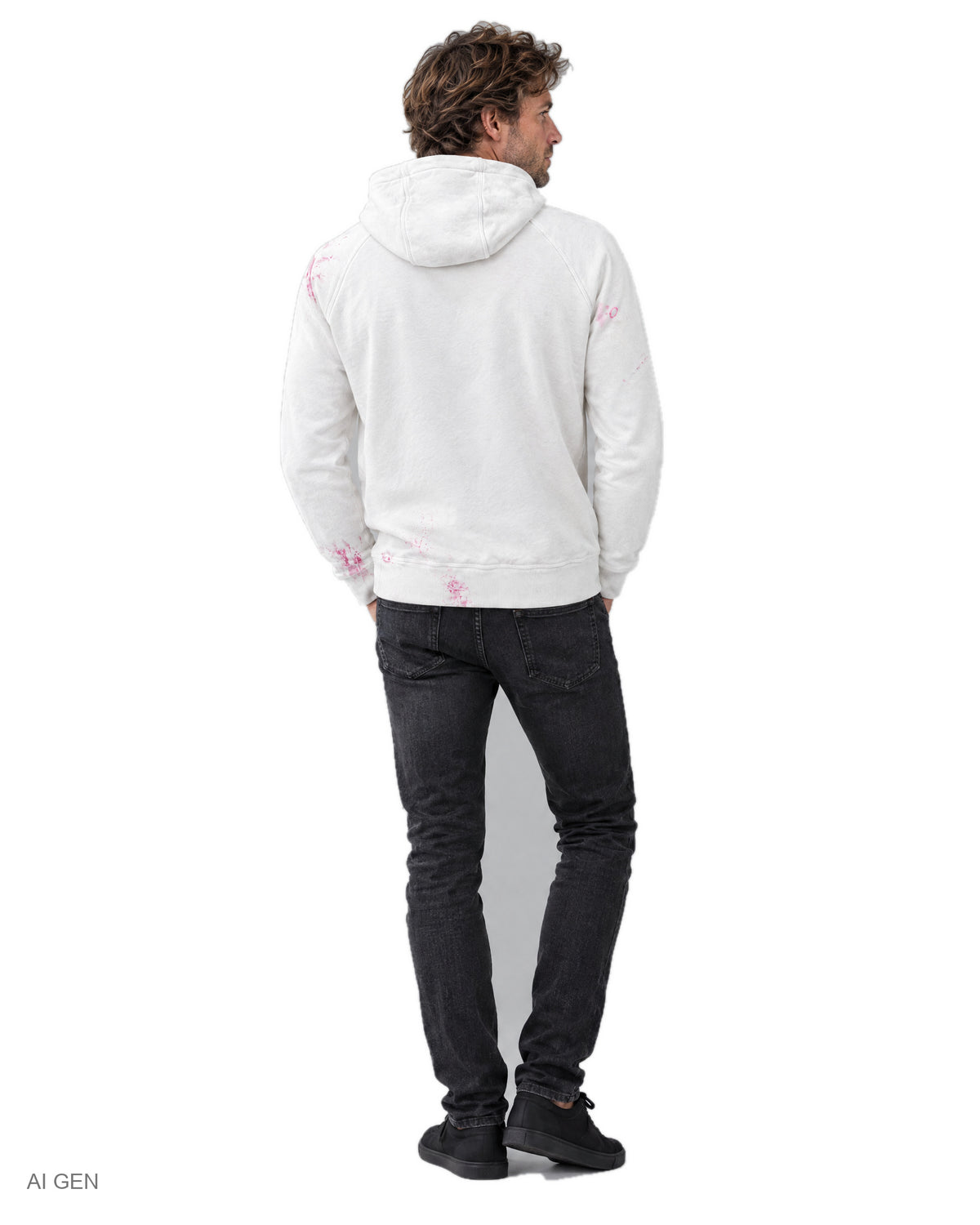 NINJA – felpa bianca con zip nera e macchie di colore rosa a collo alto con cappuccio e zip laterale, indossata da un modello – vista posteriore