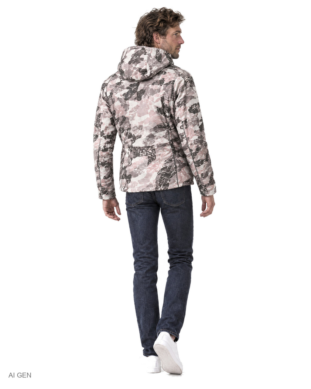 Giubbotto in Cotone – giubbotto imbottito camouflage rosa e grigio con cappuccio, indossato da un modello – vista posteriore