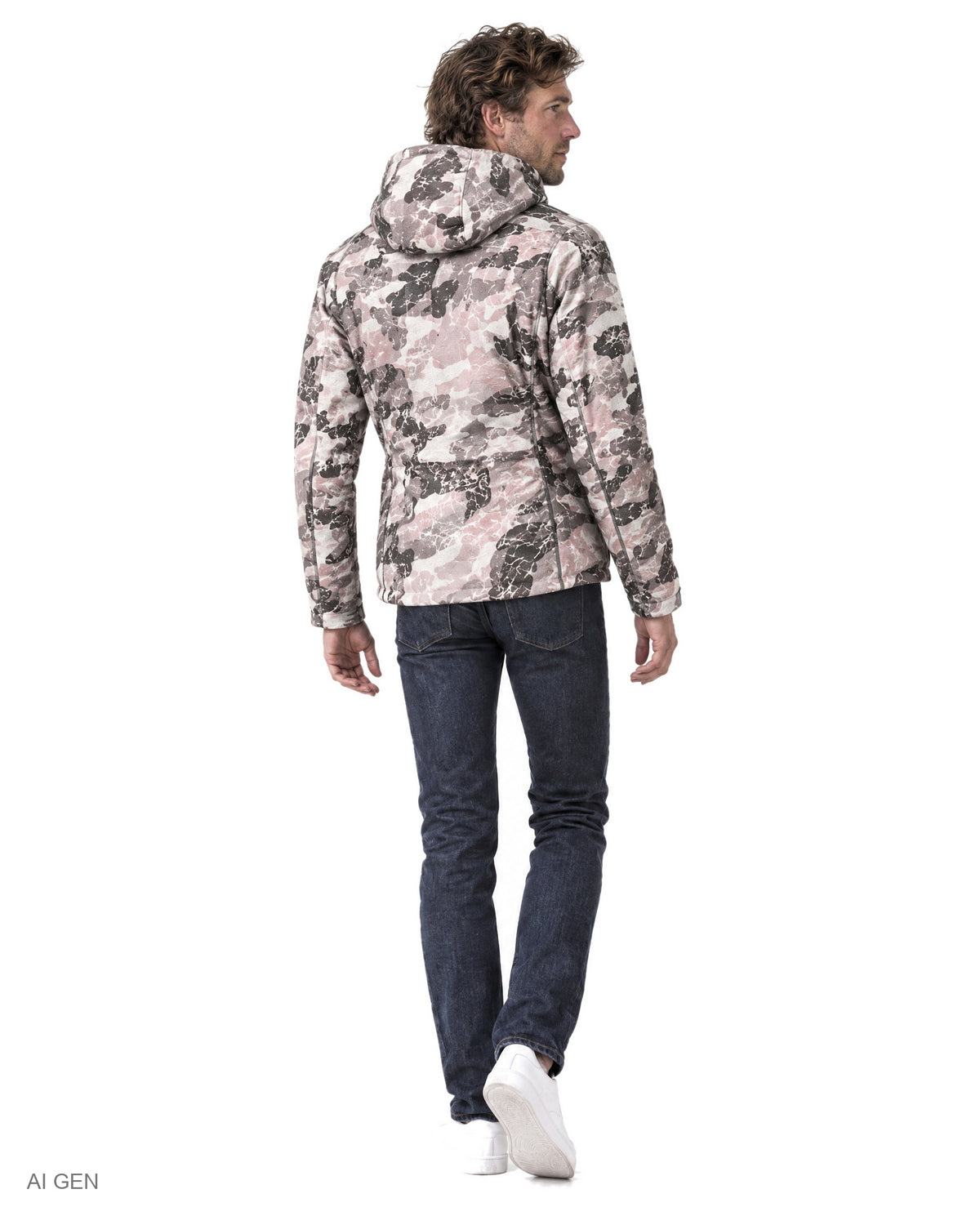 Giubbotto in Cotone – giubbotto imbottito camouflage rosa e grigio con cappuccio, indossato da un modello – vista posteriore