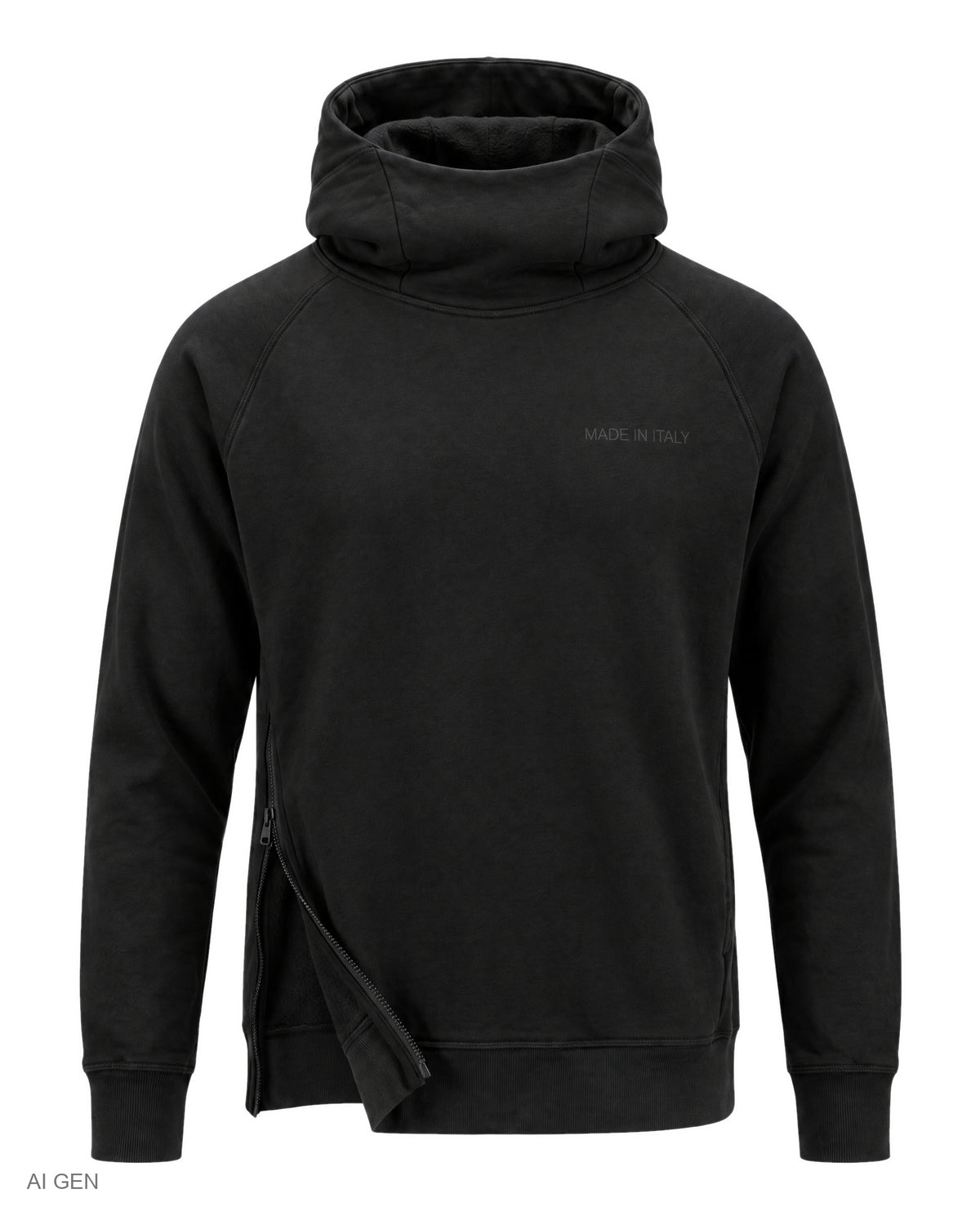 NINJA – felpa nera a collo alto con cappuccio e zip laterale – foto prodotto, vista frontale