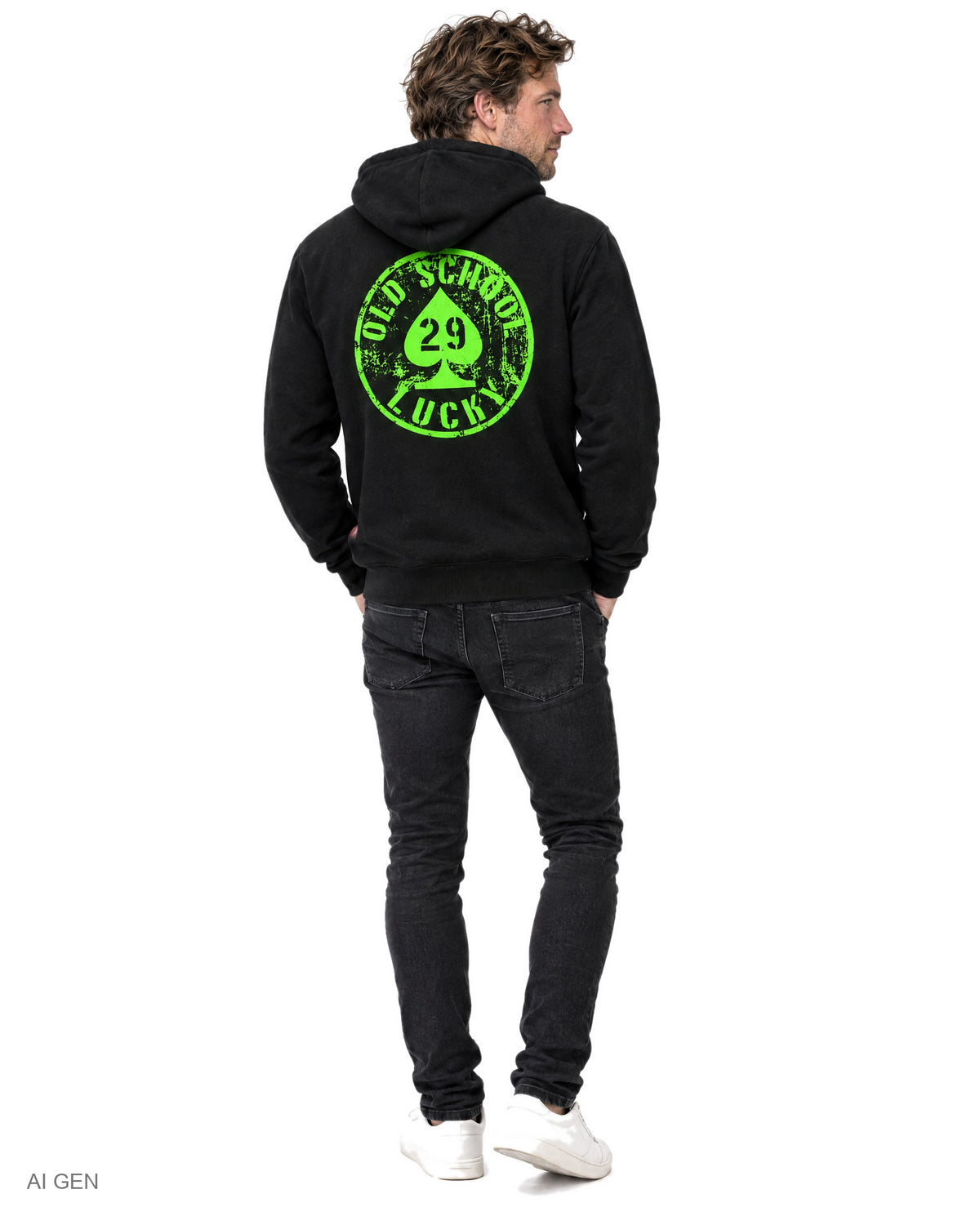 OLD SCHOOL LUCKY 29 – felpa nera con cappuccio e stampa verde, indossata da un modello – vista posteriore