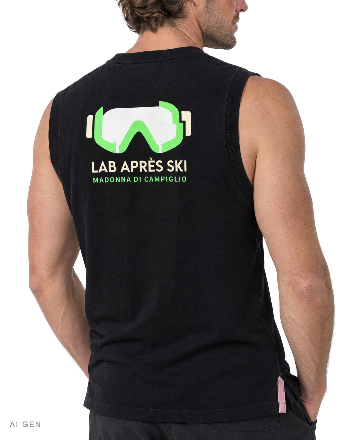 LAB APRÈS SKI – canotta in felpa nera, indossata da un modello – dettaglio