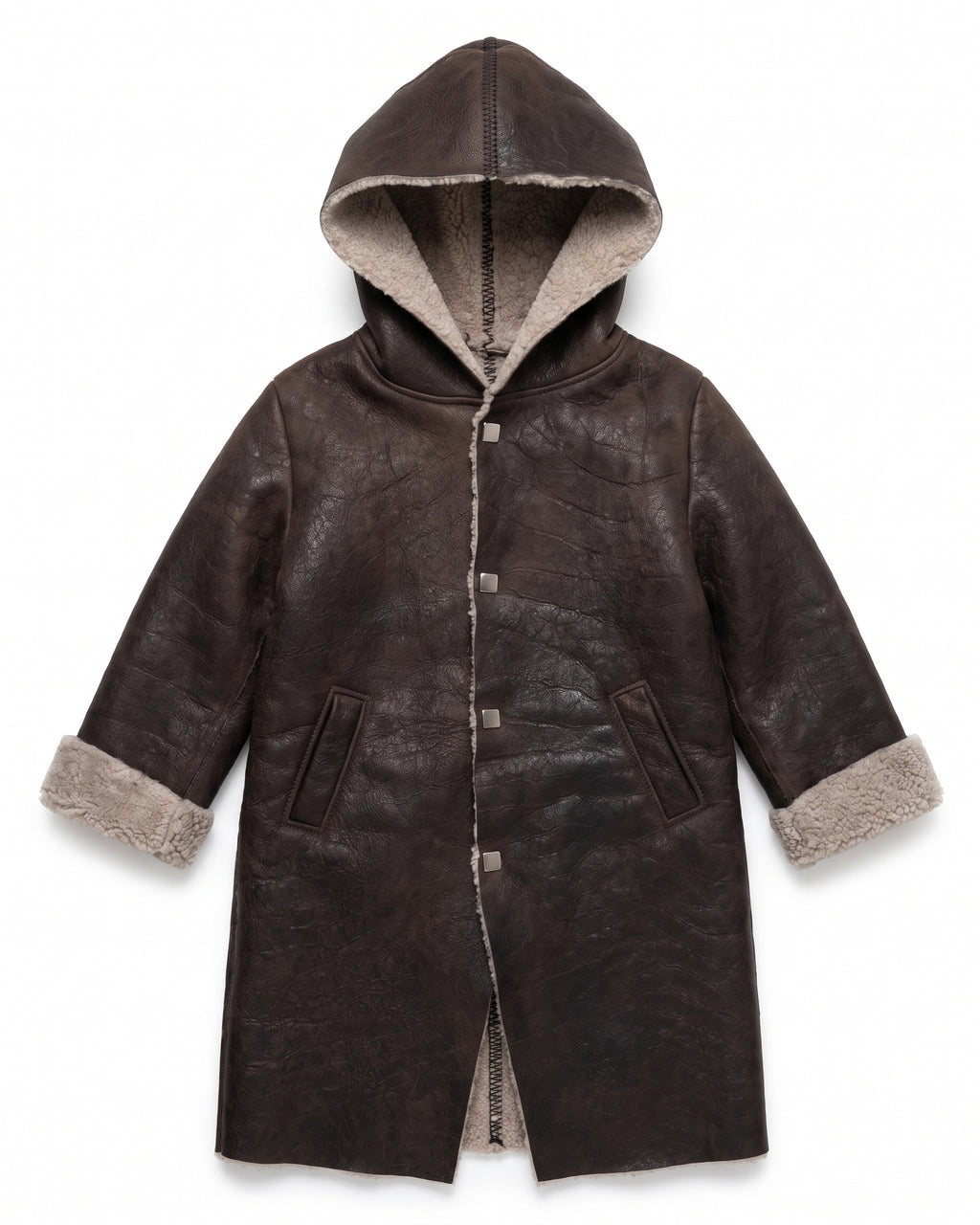 Cappotto shearling marrone con cappuccio – vista frontale