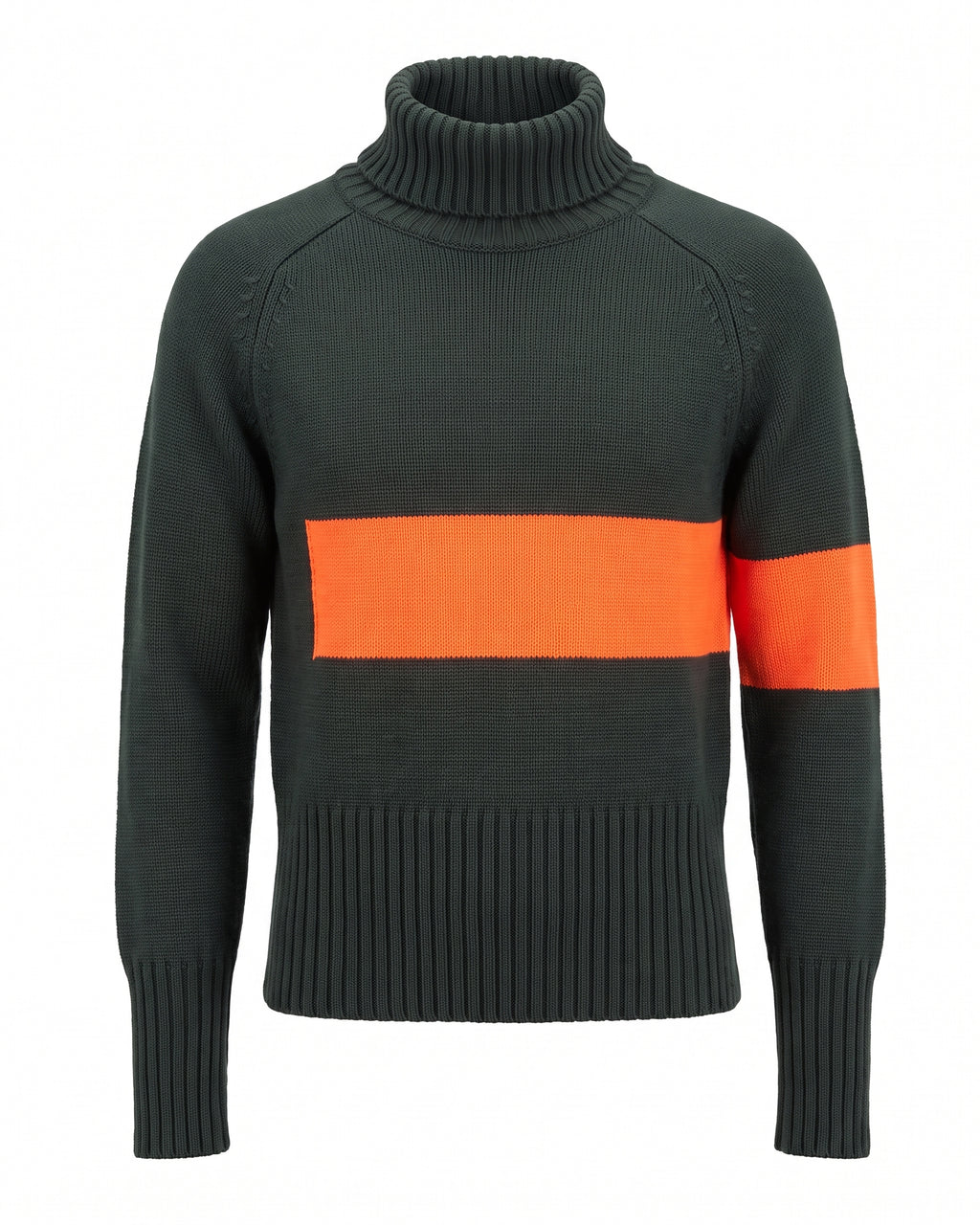 Maglione dolcevita verde scuro con banda arancione fluo – vista frontale