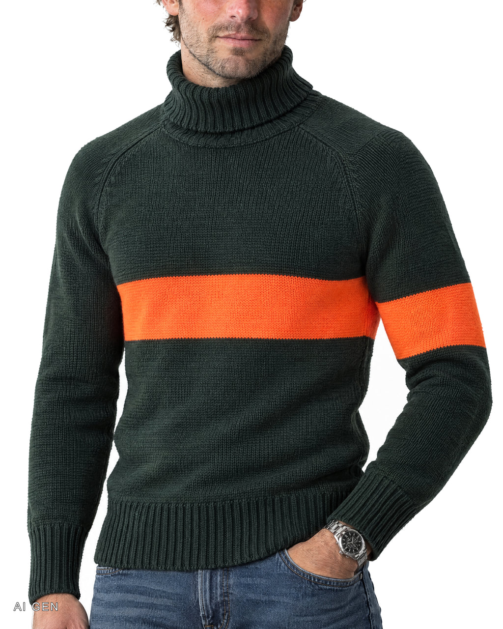 Pitt Conrad PRESTIGE – dolcevita verde scuro con banda arancione indossato da un modello, dettaglio della vestibilità