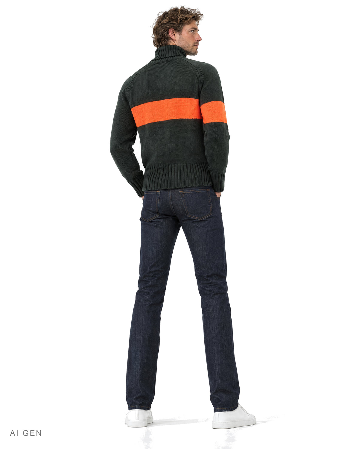 Pitt Conrad PRESTIGE – dolcevita verde scuro con banda arancione indossato da un modello, vista posteriore
