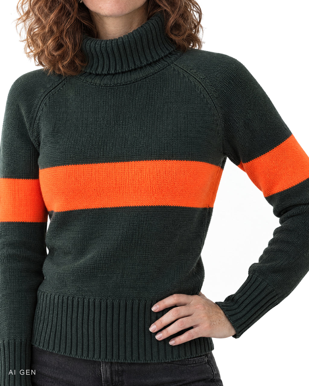 PRESTIGE – dolcevita in lana verde scuro con fascia arancione fluo, indossato da una modella – dettaglio