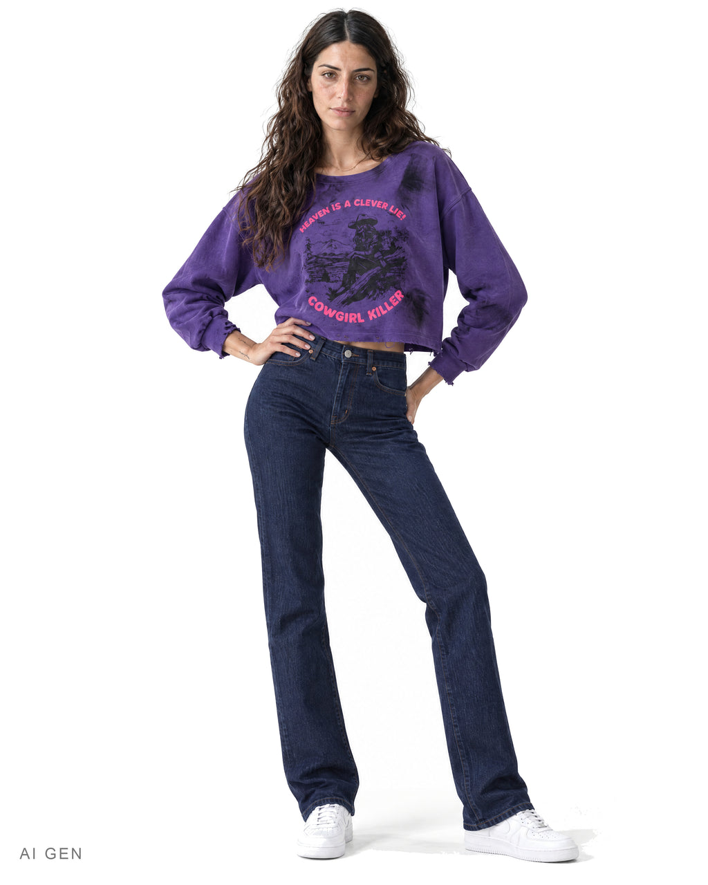 COWGIRL KILLER – felpa corta viola, indossata da una modella – vista frontale