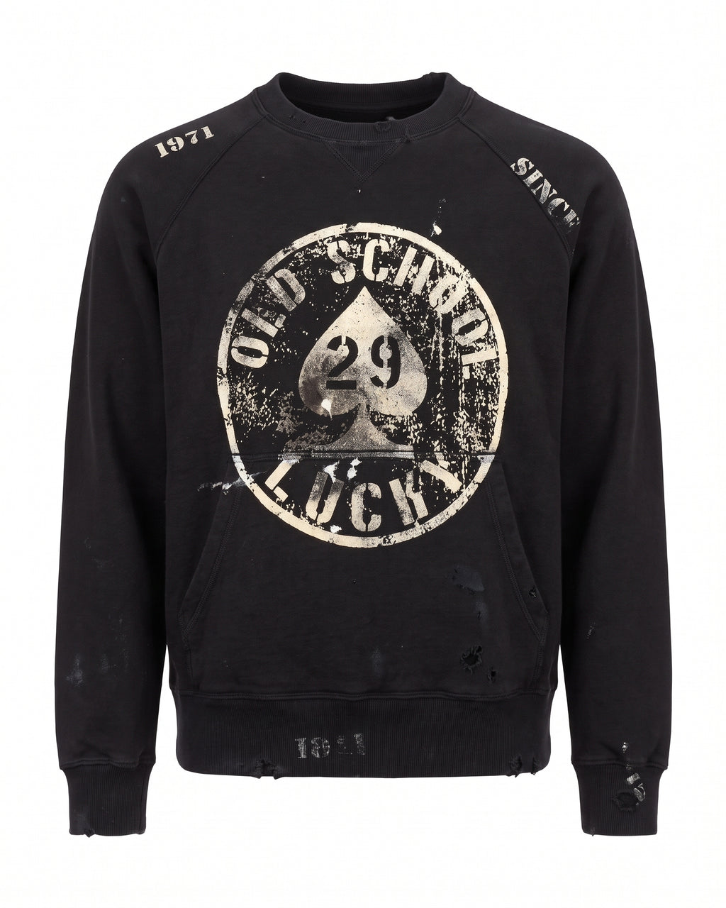 Felpa girocollo nera Old School 29 Lucky effetto vissuto – vista frontale