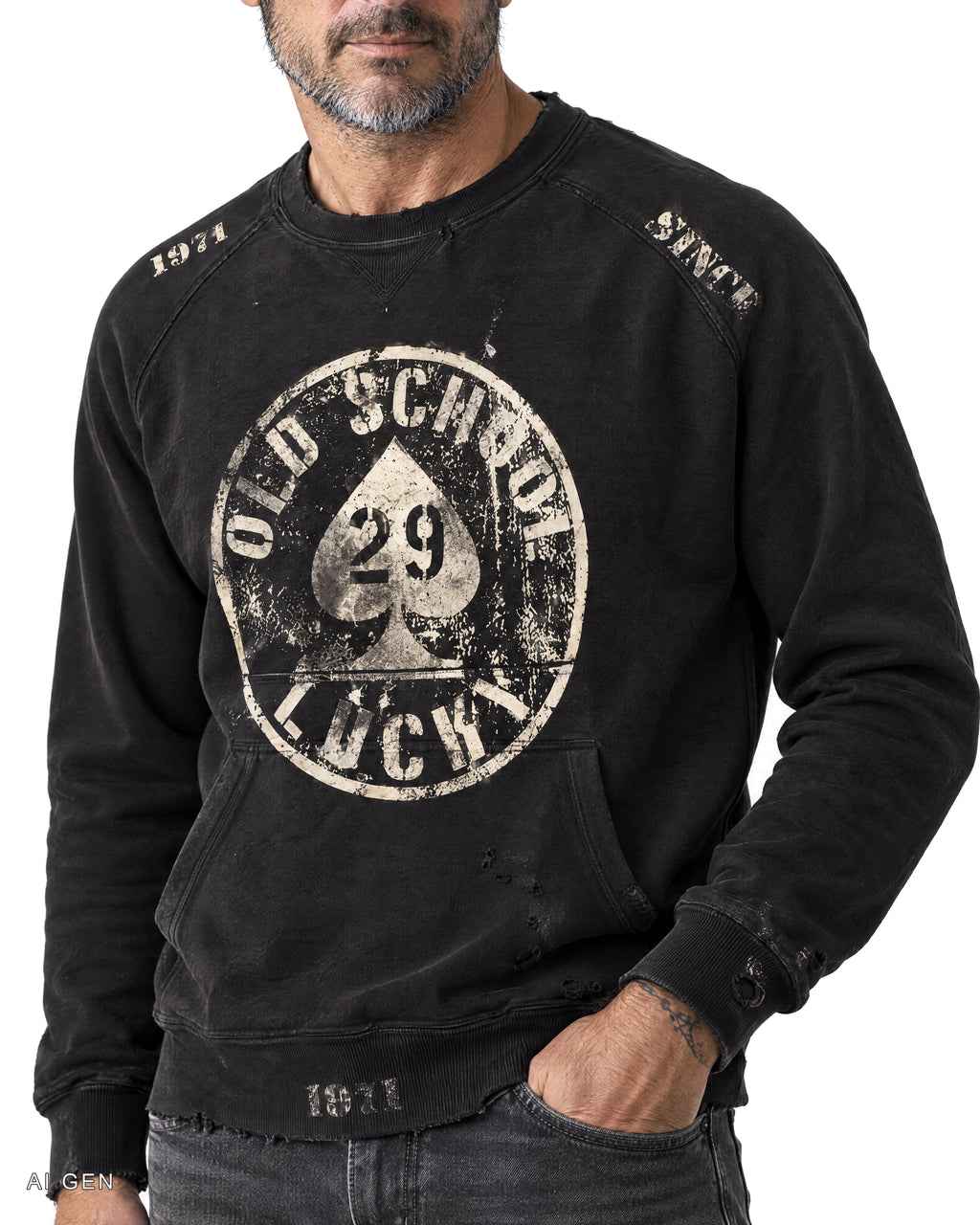 OLD SCHOOL LUCKY 29 – felpa girocollo nera con asso di picche, indossata da un modello – dettaglio della stampa