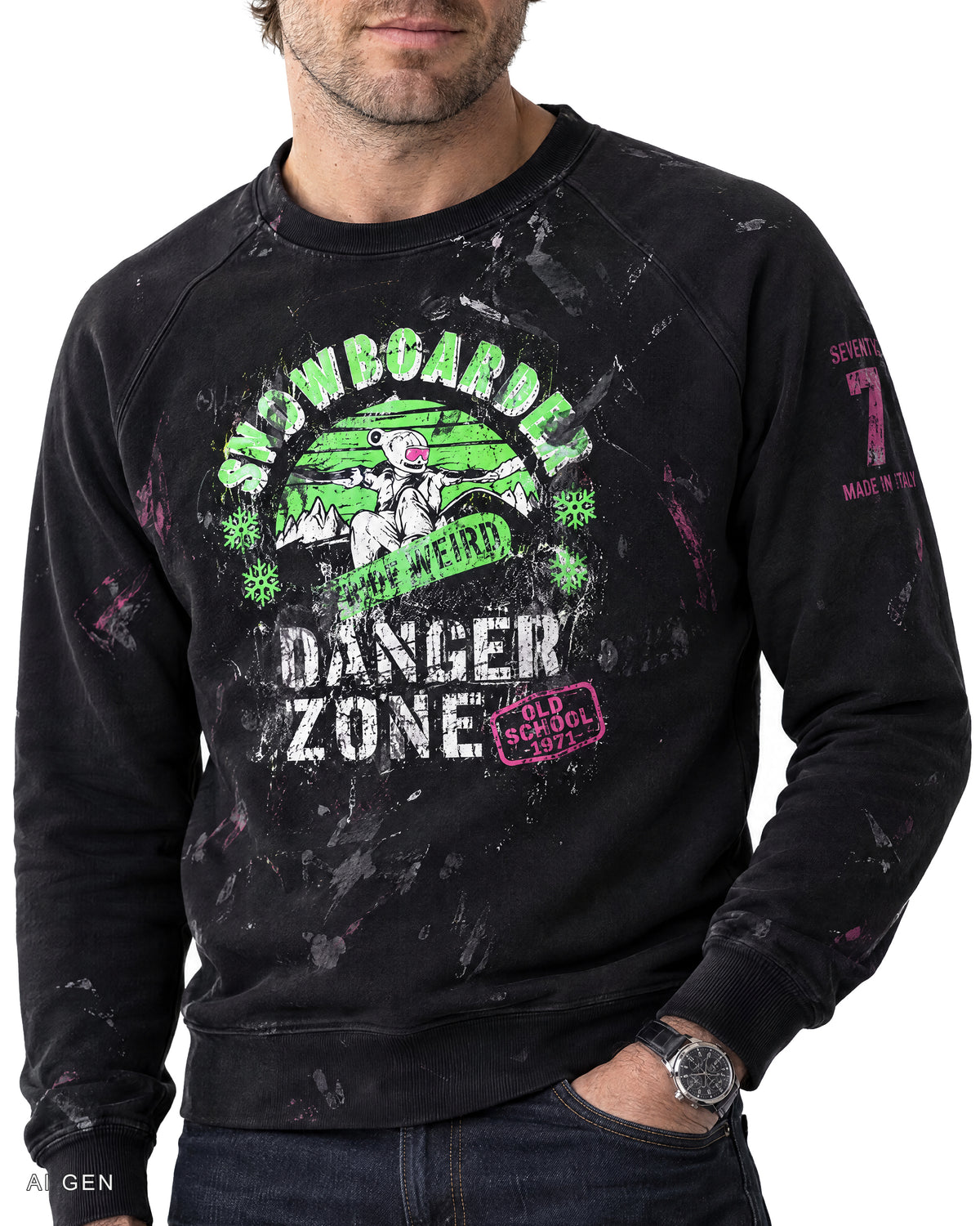 DANGER ZONE – felpa girocollo nera con stampa snowboarder, indossata da un modello – dettaglio della stampa