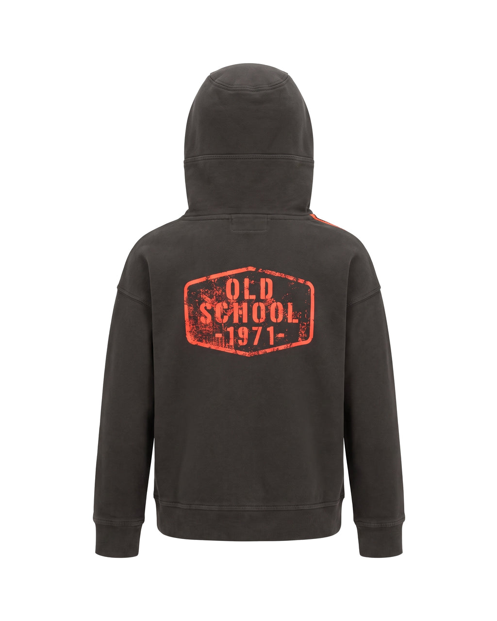 Felpa hoodie grigio antracite zip asimmetrica arancione Old School 1971 – vista posteriore