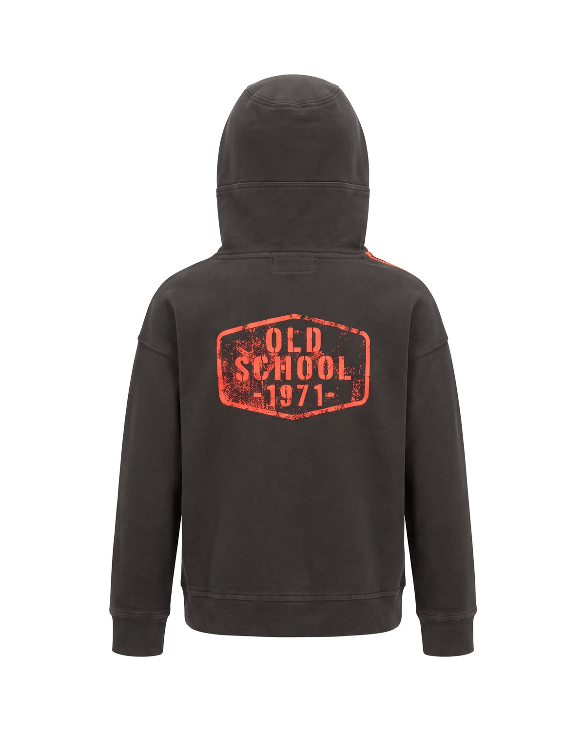 Felpa hoodie grigio antracite zip asimmetrica arancione Old School 1971 – vista posteriore