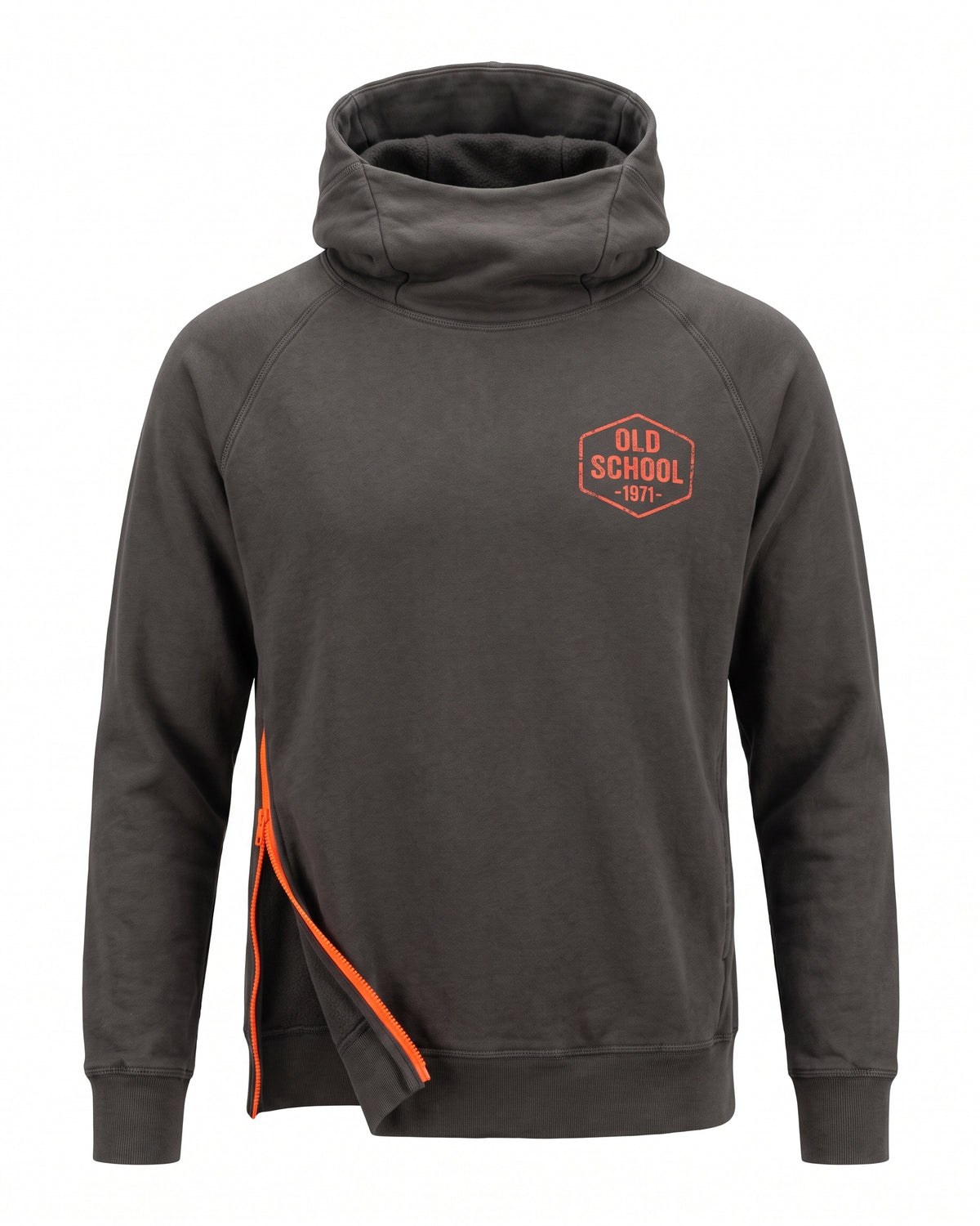Felpa hoodie grigio antracite Old School 1971 con zip laterale arancione – vista frontale