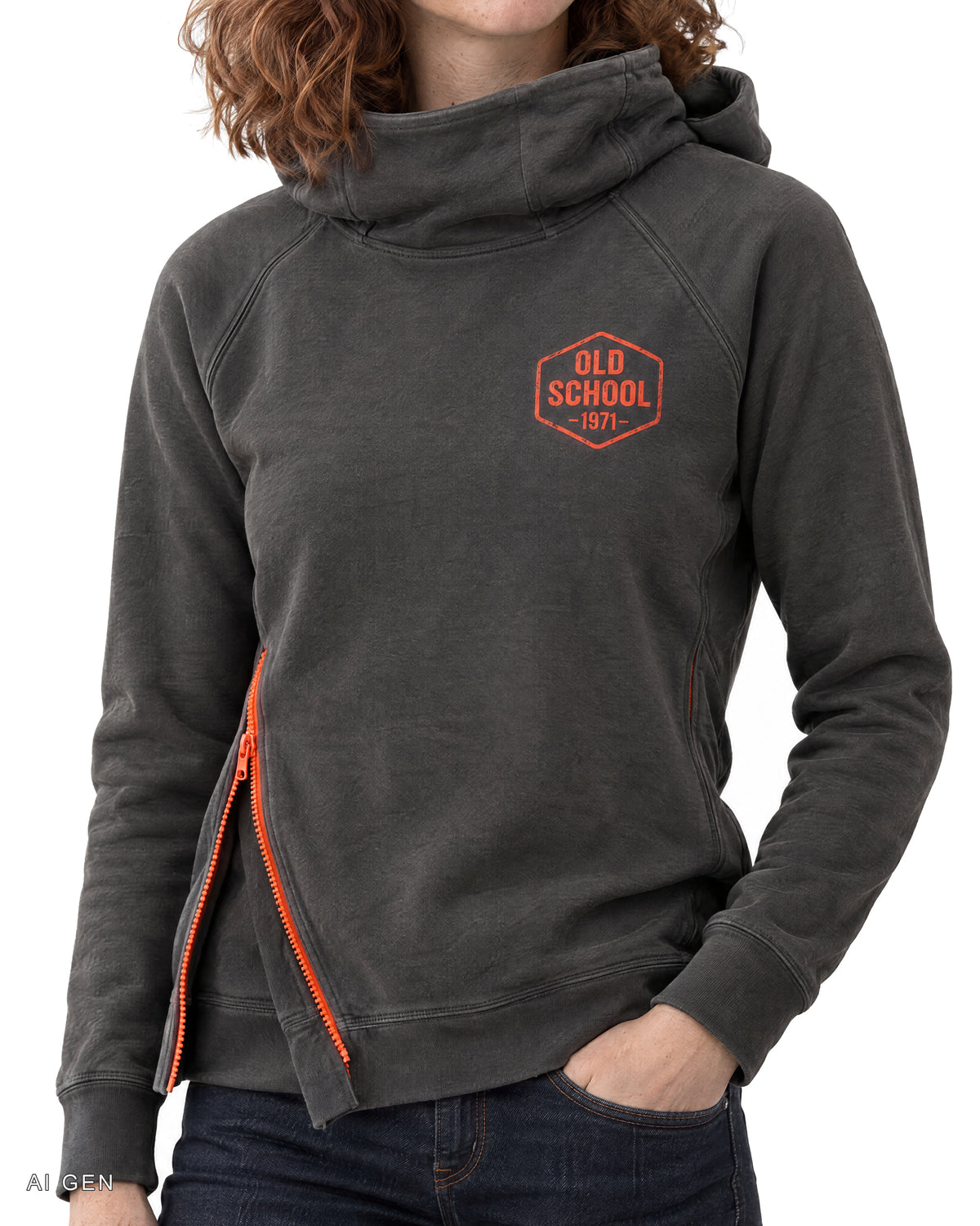 NINJA – felpa hoodie grigio antracite Old School 1971, indossata da una modella – dettaglio