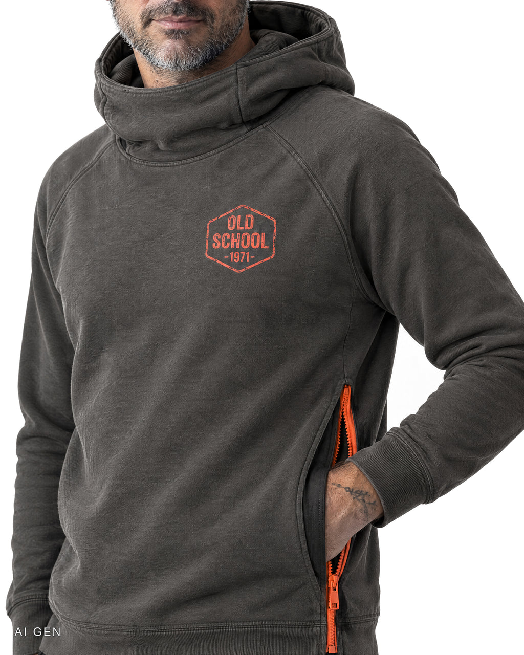NINJA – felpa hoodie grigio antracite Old School 1971, indossata da un modello – dettaglio