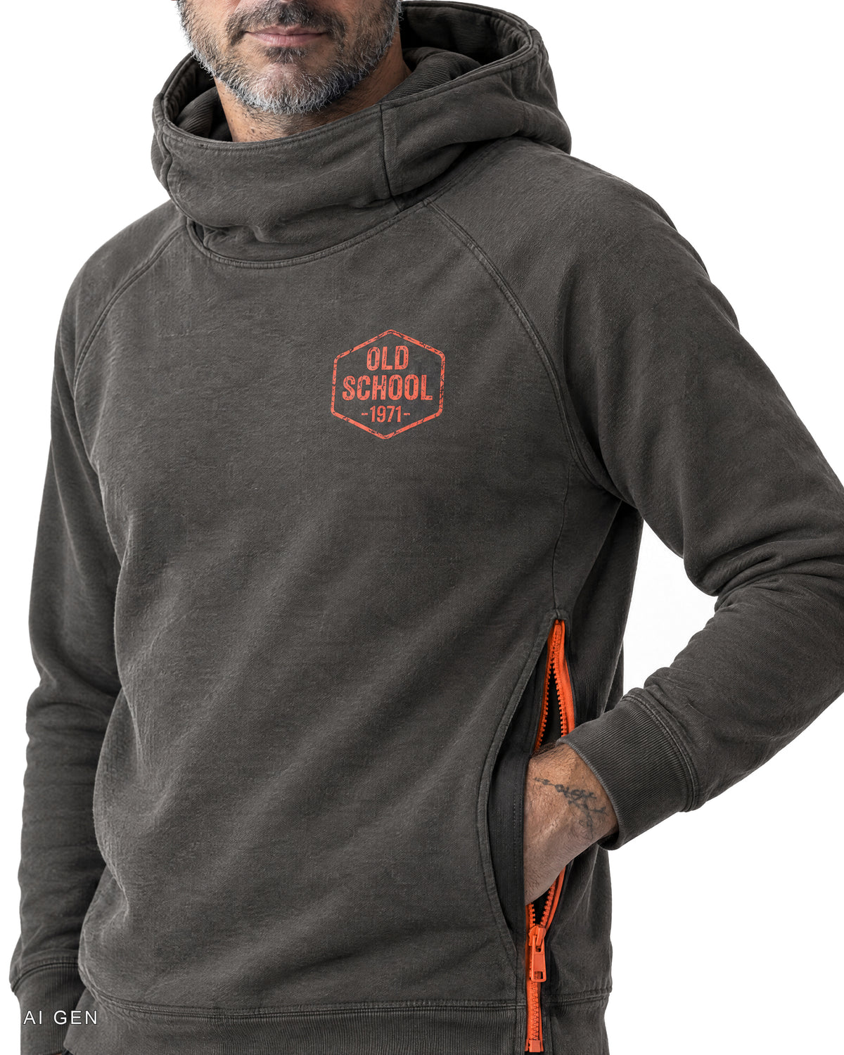 NINJA – felpa hoodie grigio antracite Old School 1971, indossata da un modello – dettaglio