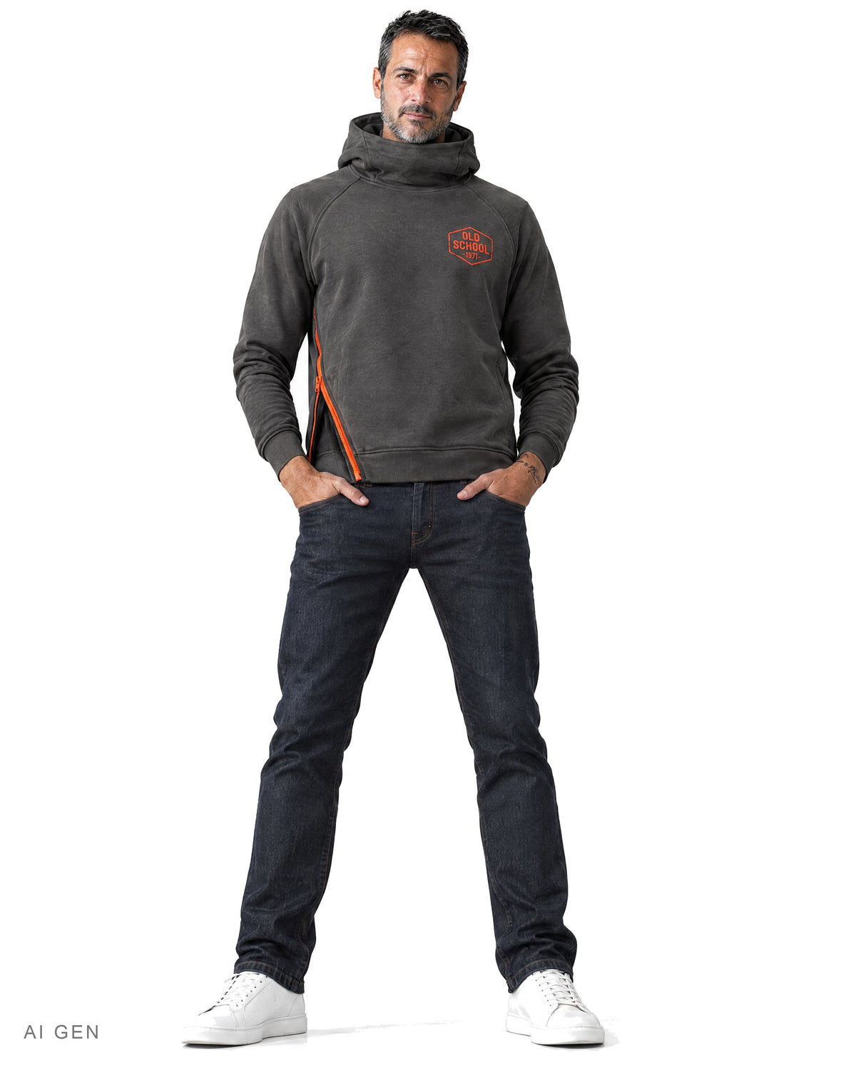 Felpa a collo alto – felpa hoodie grigio antracite Old School 1971, indossata da un modello – vista frontale