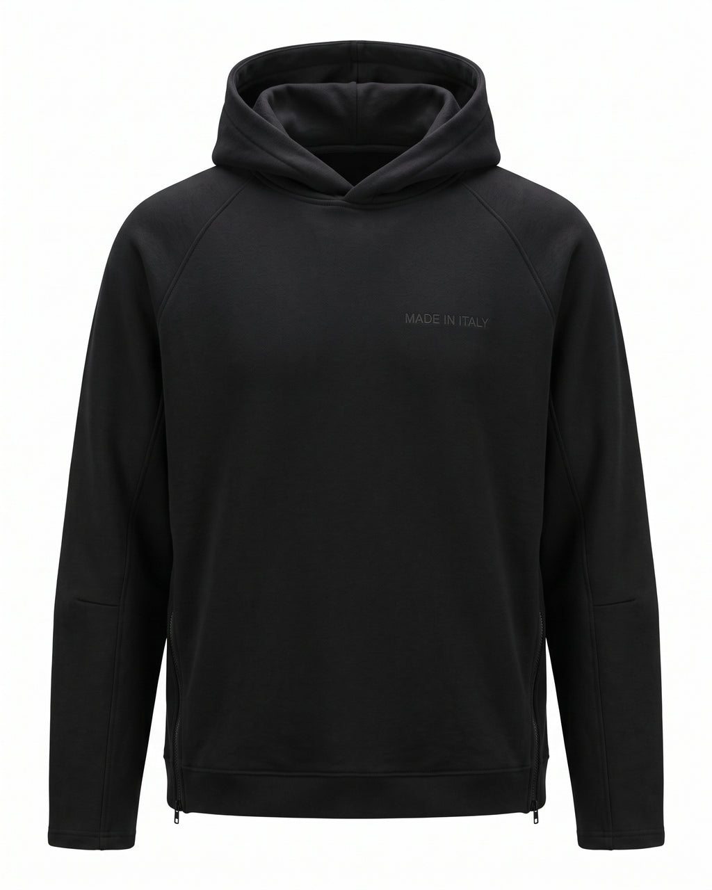 Felpa hoodie nera Made in Italy con zip laterali – vista frontale