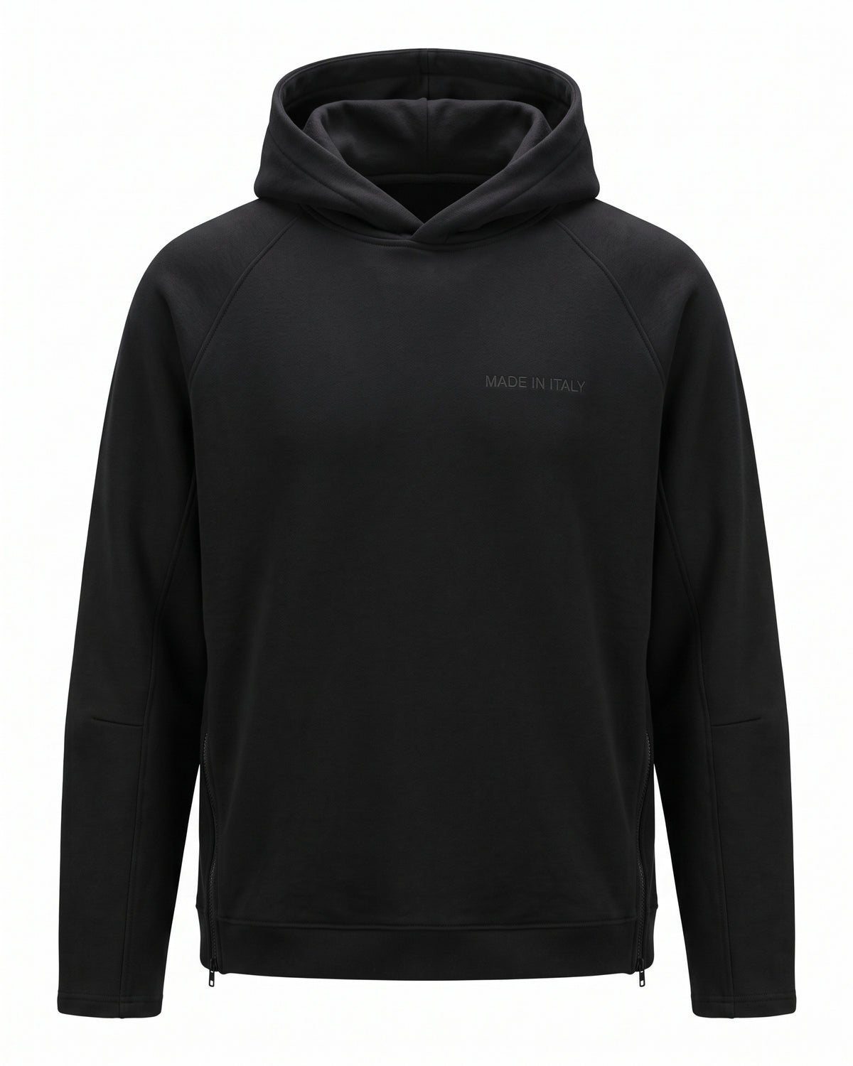Felpa hoodie nera Made in Italy con zip laterali – vista frontale