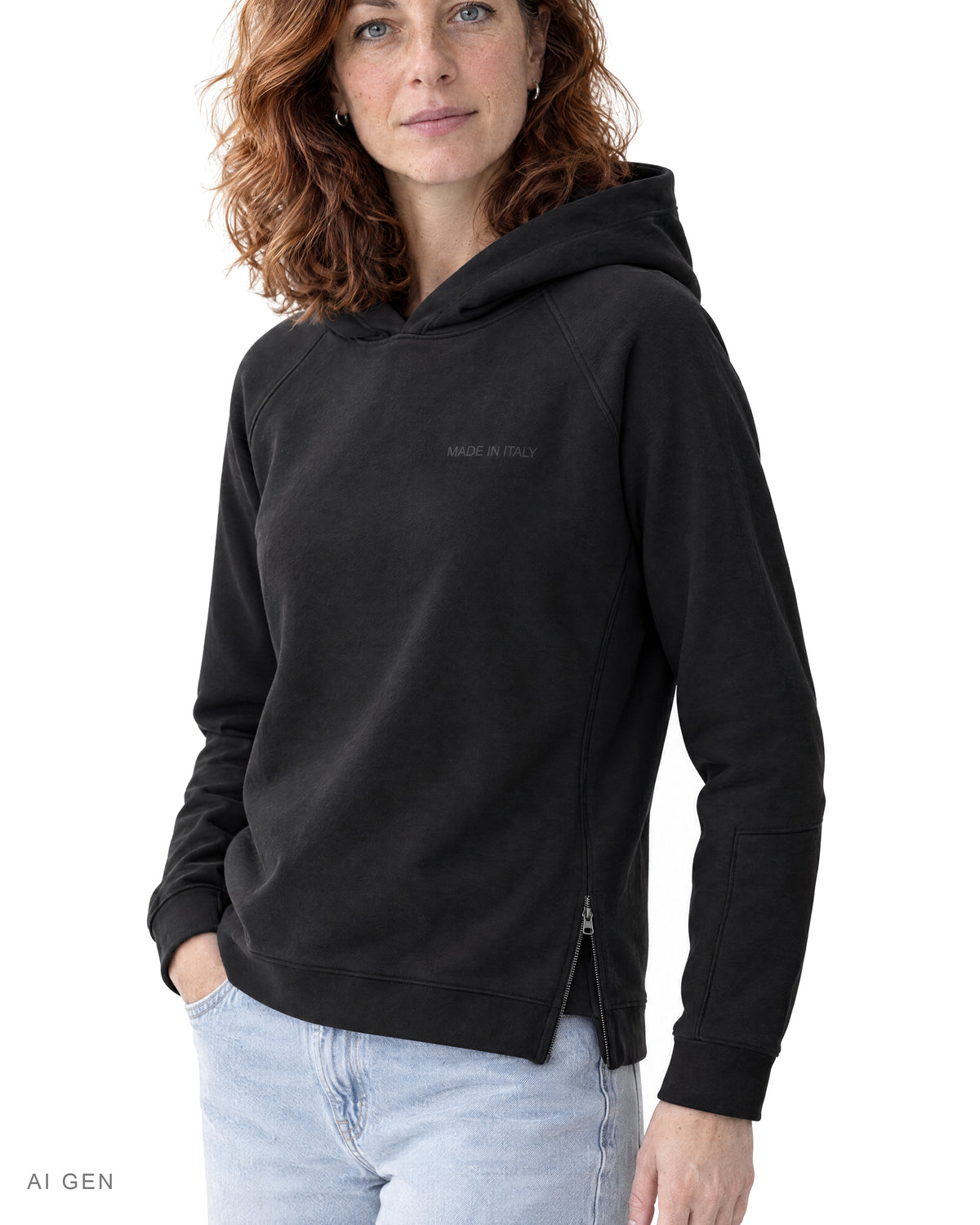 NINJA – felpa hoodie nera a collo alto con zip laterali, indossata da una modella – dettaglio della zip