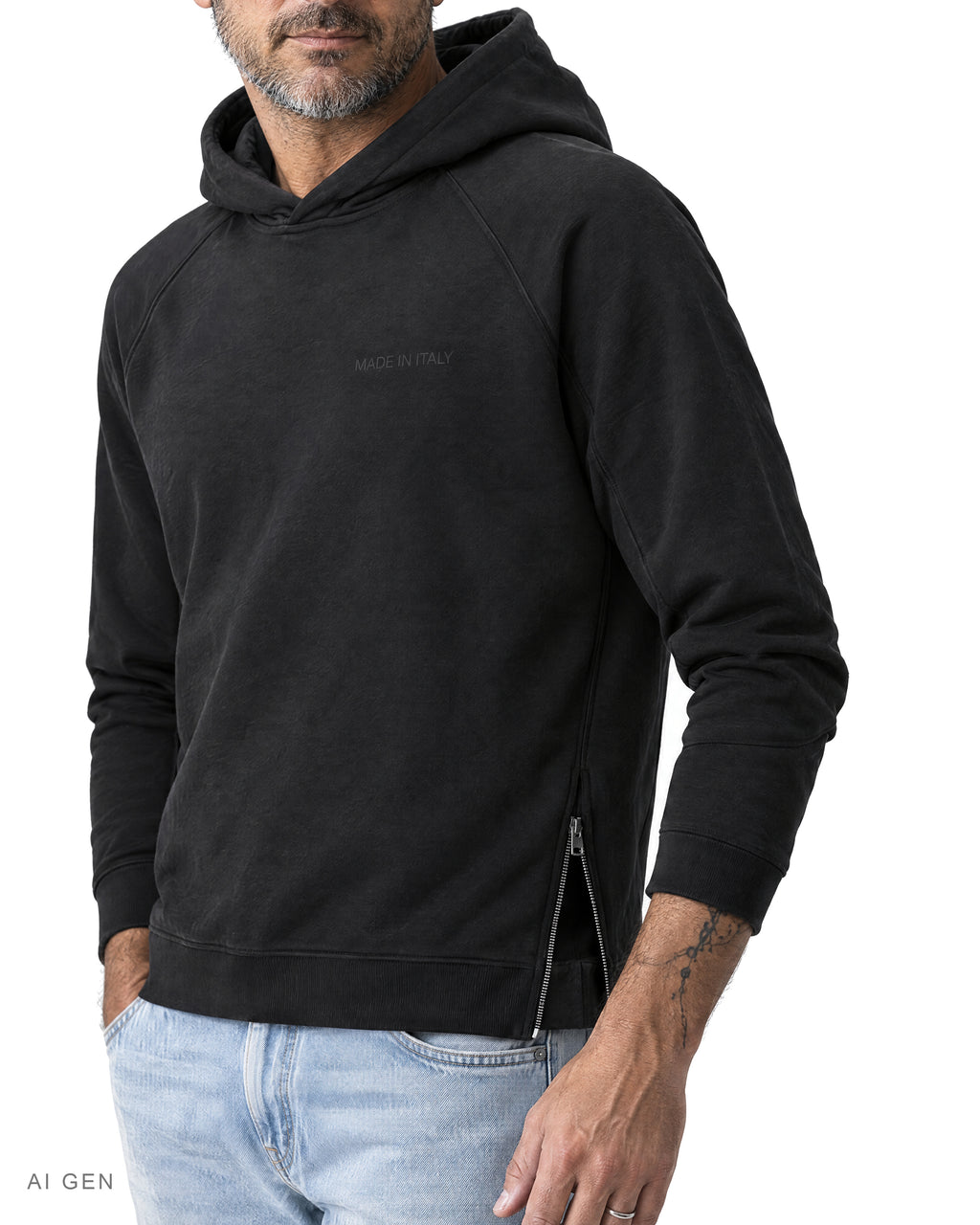 NINJA – felpa hoodie nera a collo alto con zip laterali, indossata da un modello – dettaglio della zip