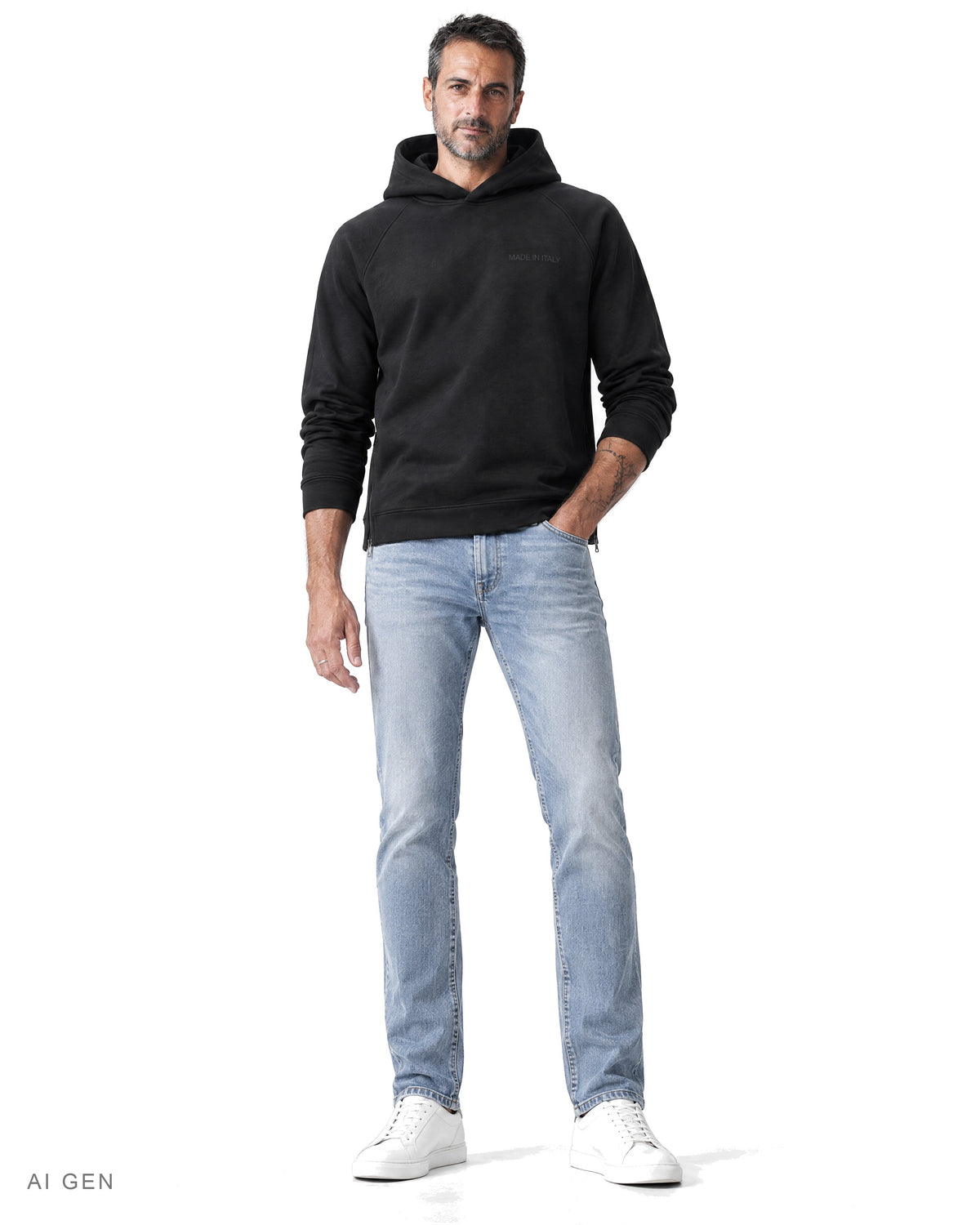 Felpa a collo alto – felpa hoodie nera a collo alto con zip laterali, indossata da un modello – vista frontale